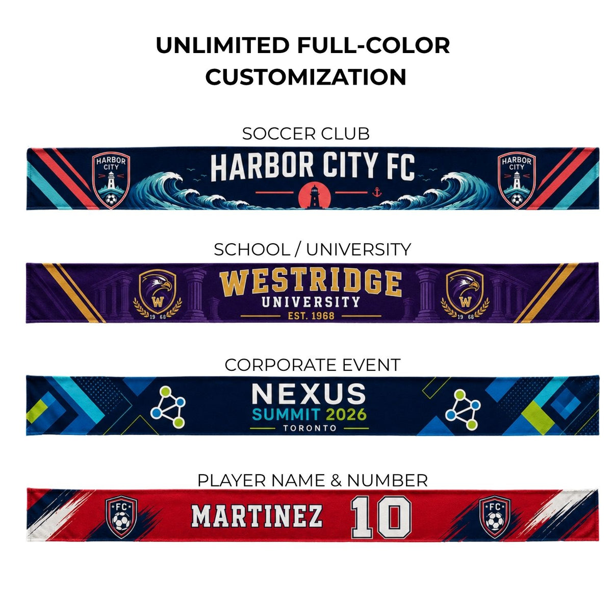 Sublimated Soccer Football Stadium Scarves, 6x60, Sublimated edge to edge 2 sides (Made in Canada)