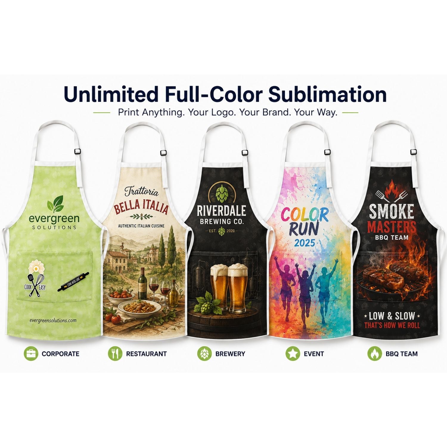 Domestic made Bib Apron, 25x28, 2 Pockets, Adjustable Neck, Sublimated, White or Stock Colored Ties