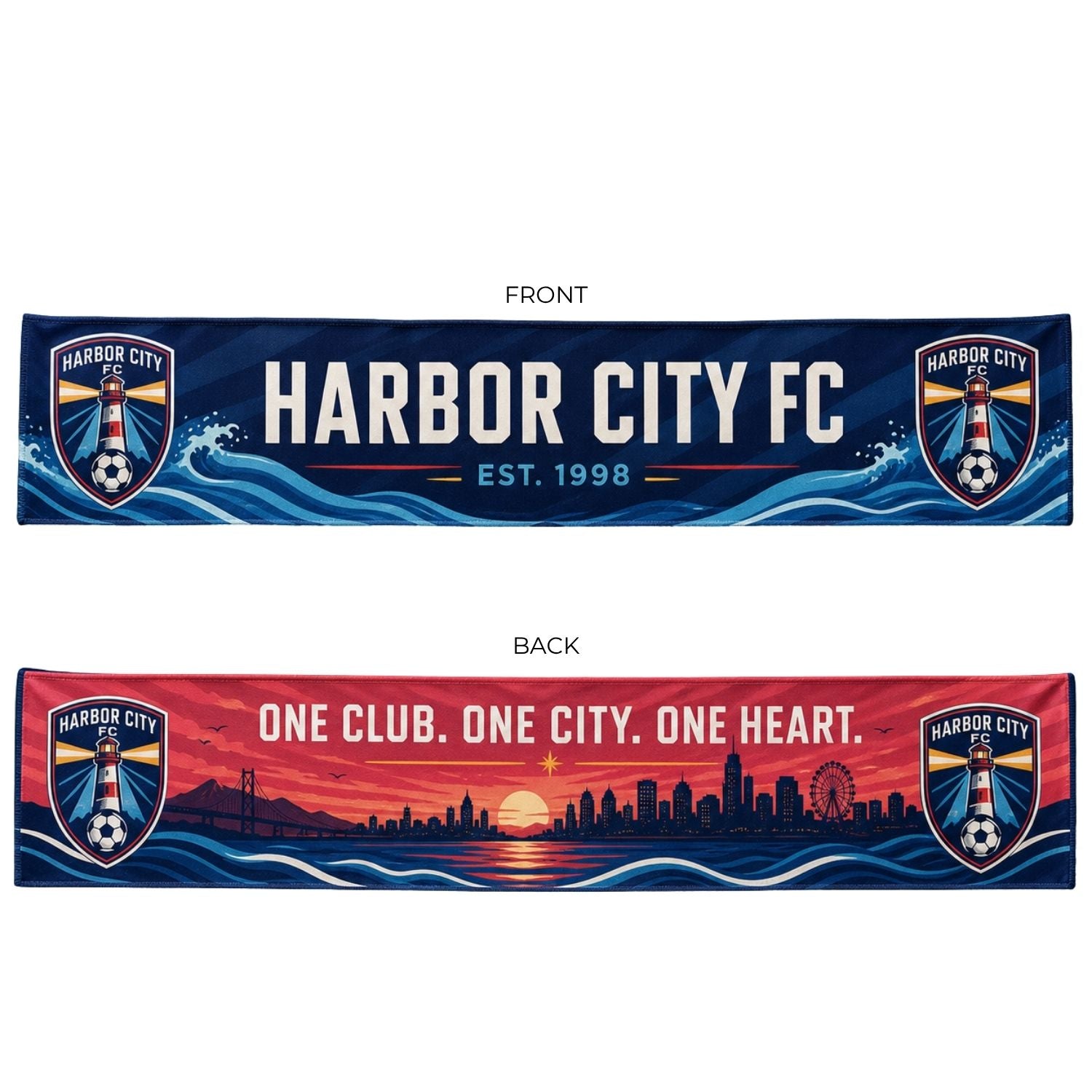 Sublimated Soccer Football Stadium Scarves, 6x60, Sublimated edge to edge 2 sides (Made in Canada)