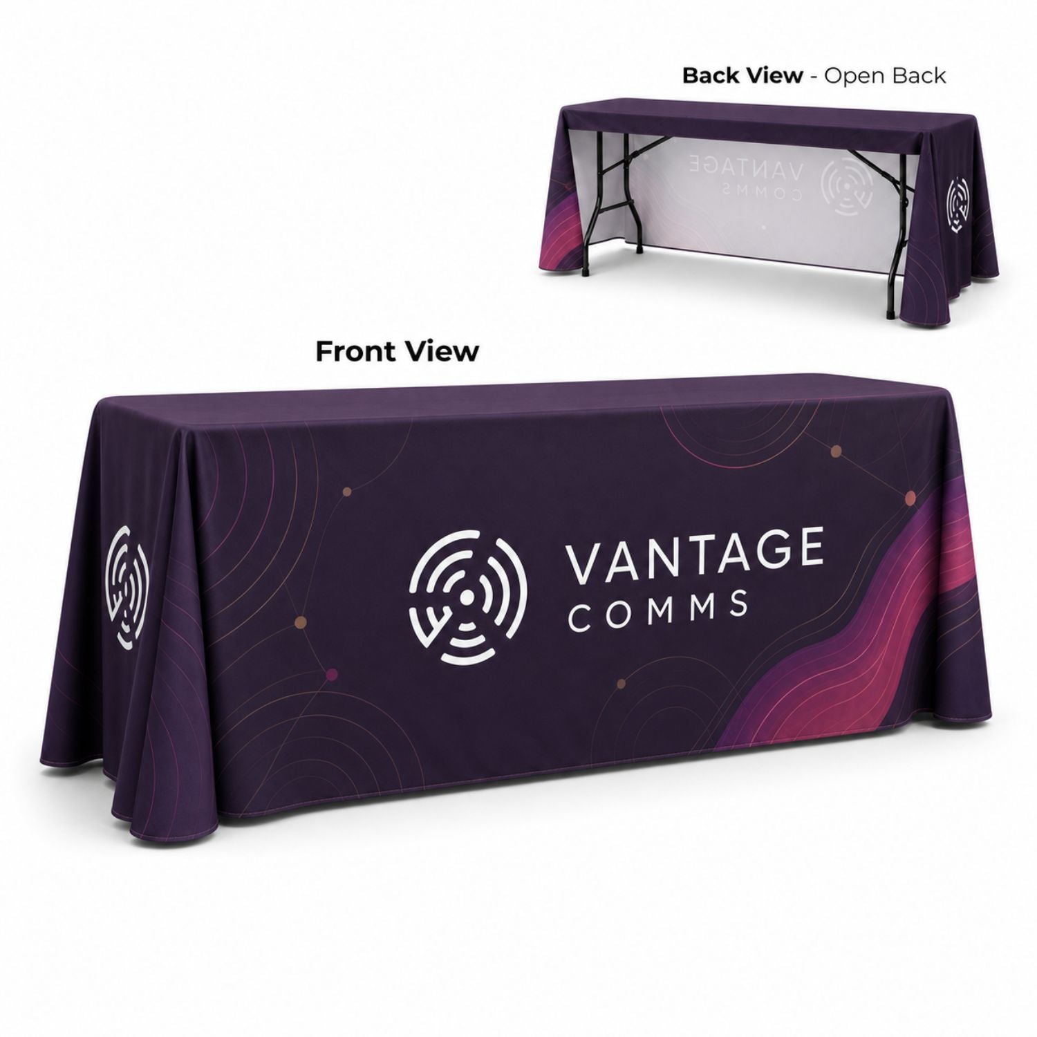 Sublimated Table Cloth for 8' Table, Drape Style, 3 sided, Open Back