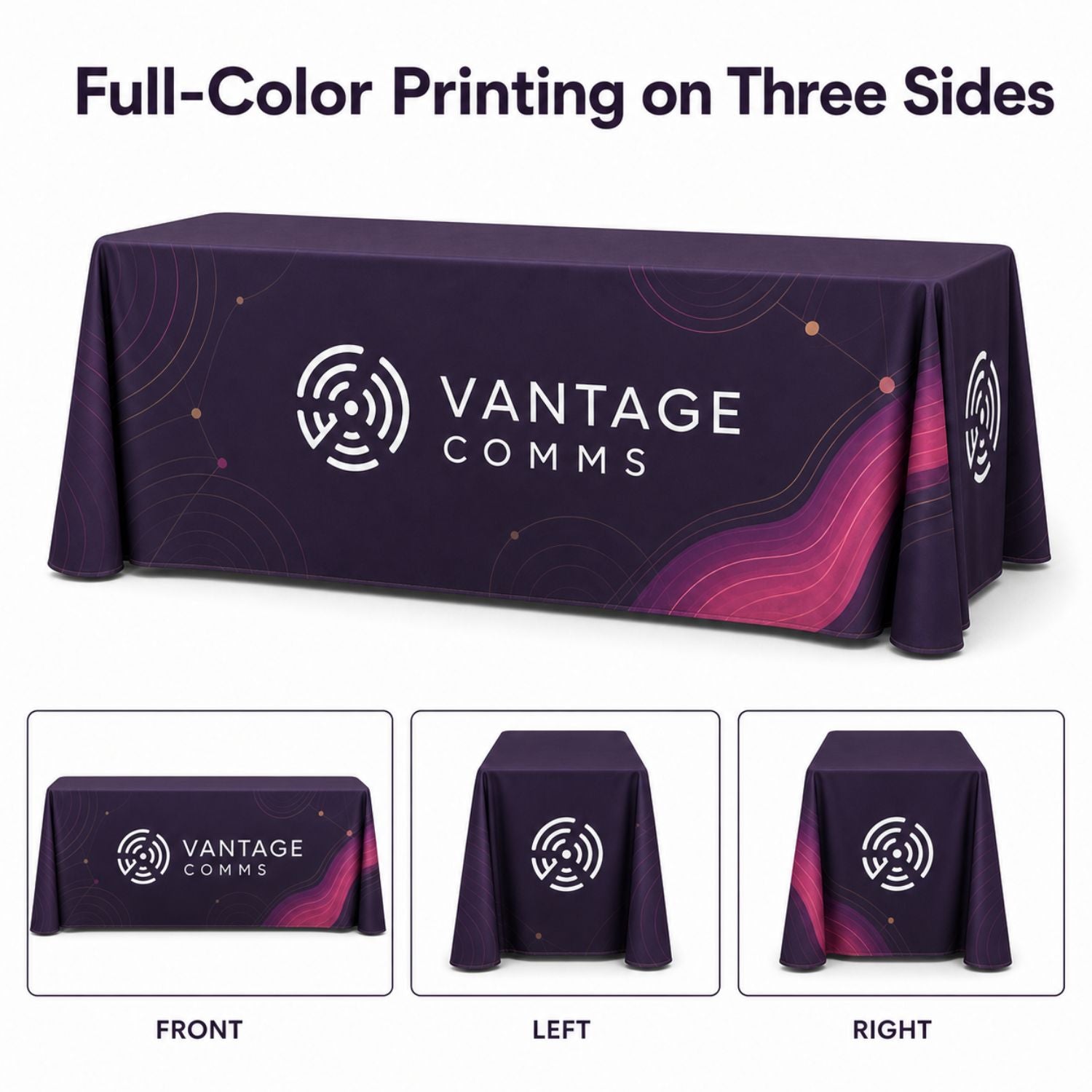 Sublimated Table Cloth for 8' Table, Drape Style, 3 sided, Open Back