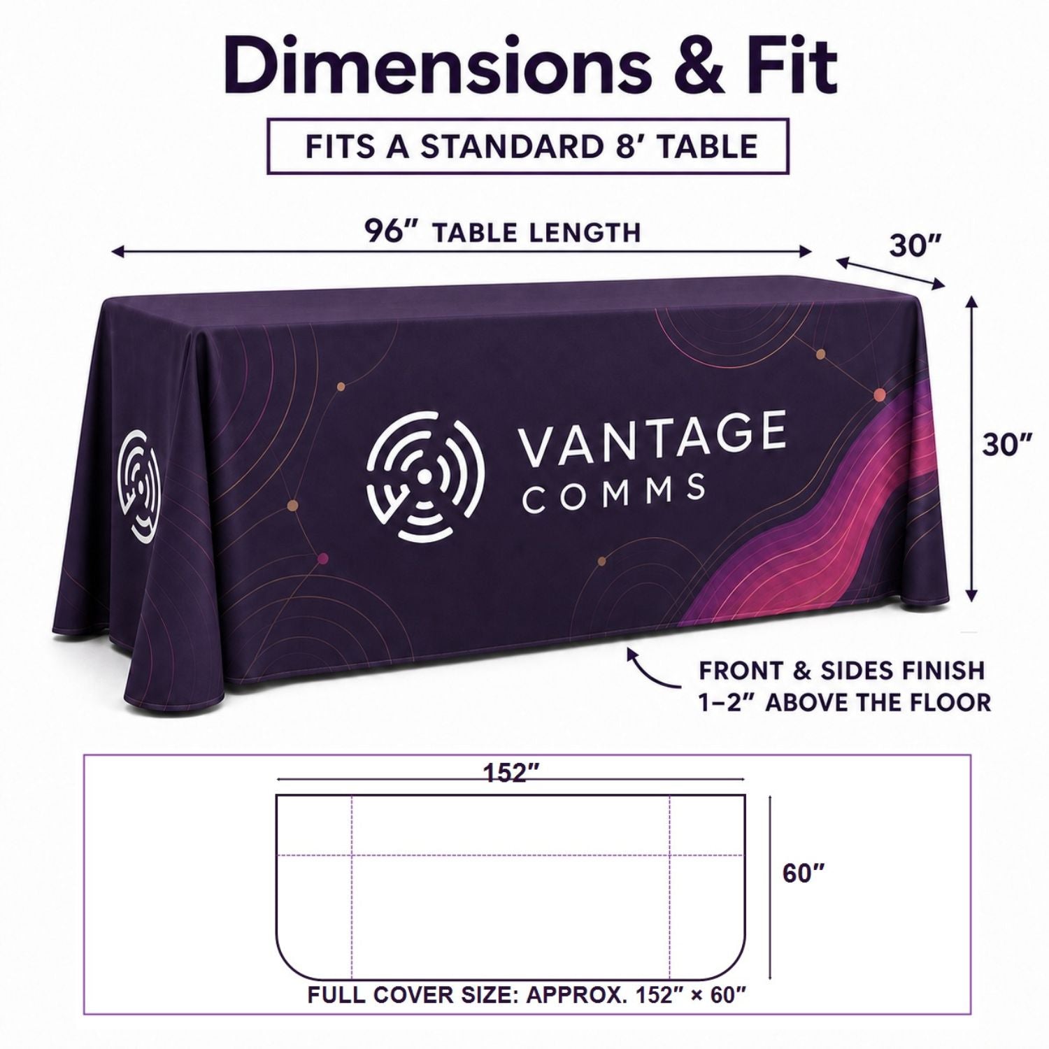 Sublimated Table Cloth for 8' Table, Drape Style, 3 sided, Open Back