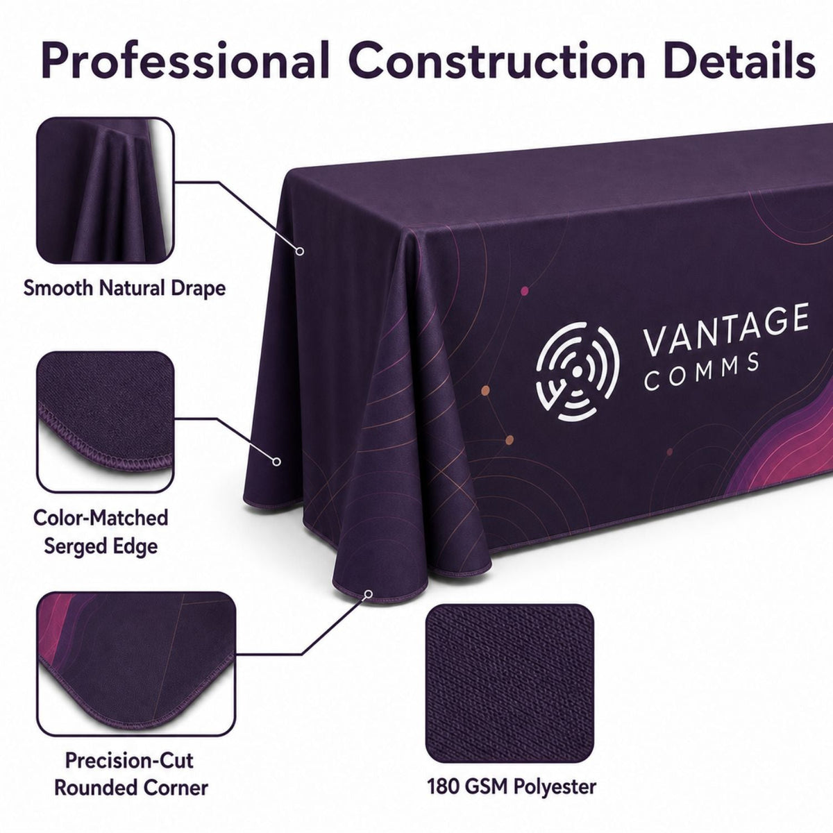 Sublimated Table Cloth for 8' Table, Drape Style, 3 sided, Open Back