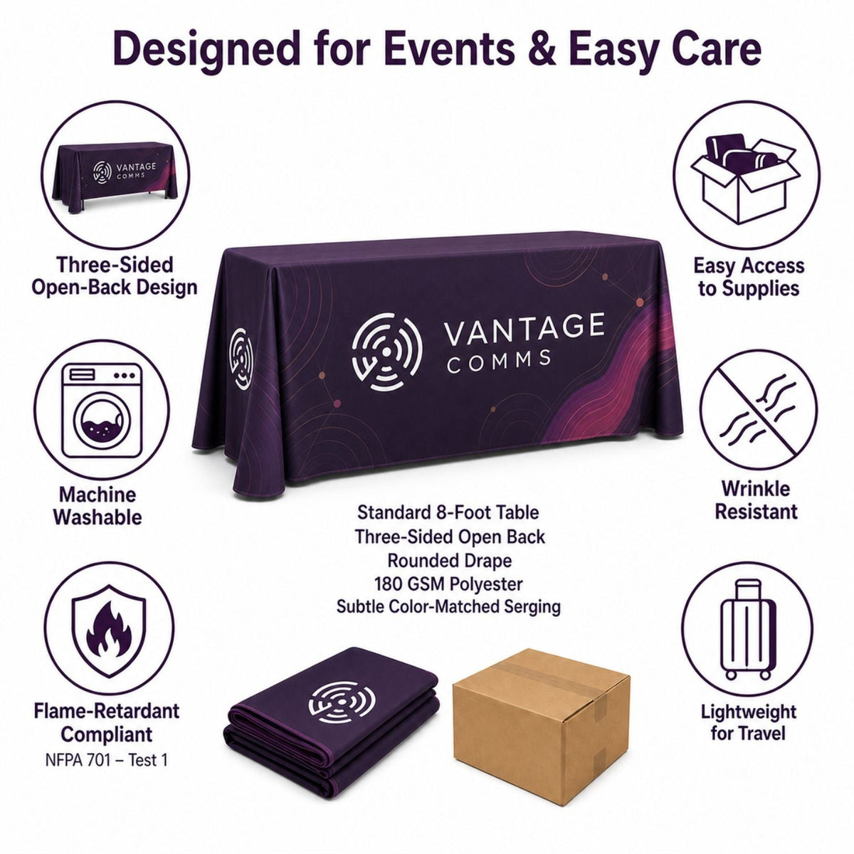 Sublimated Table Cloth for 8' Table, Drape Style, 3 sided, Open Back