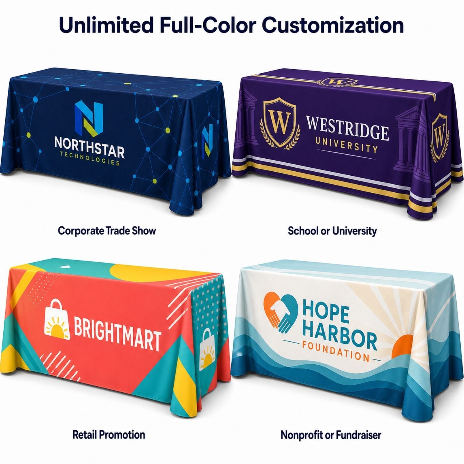 Sublimated Table Cloth for 6' table, Drape style, 4 sided, Closed Back