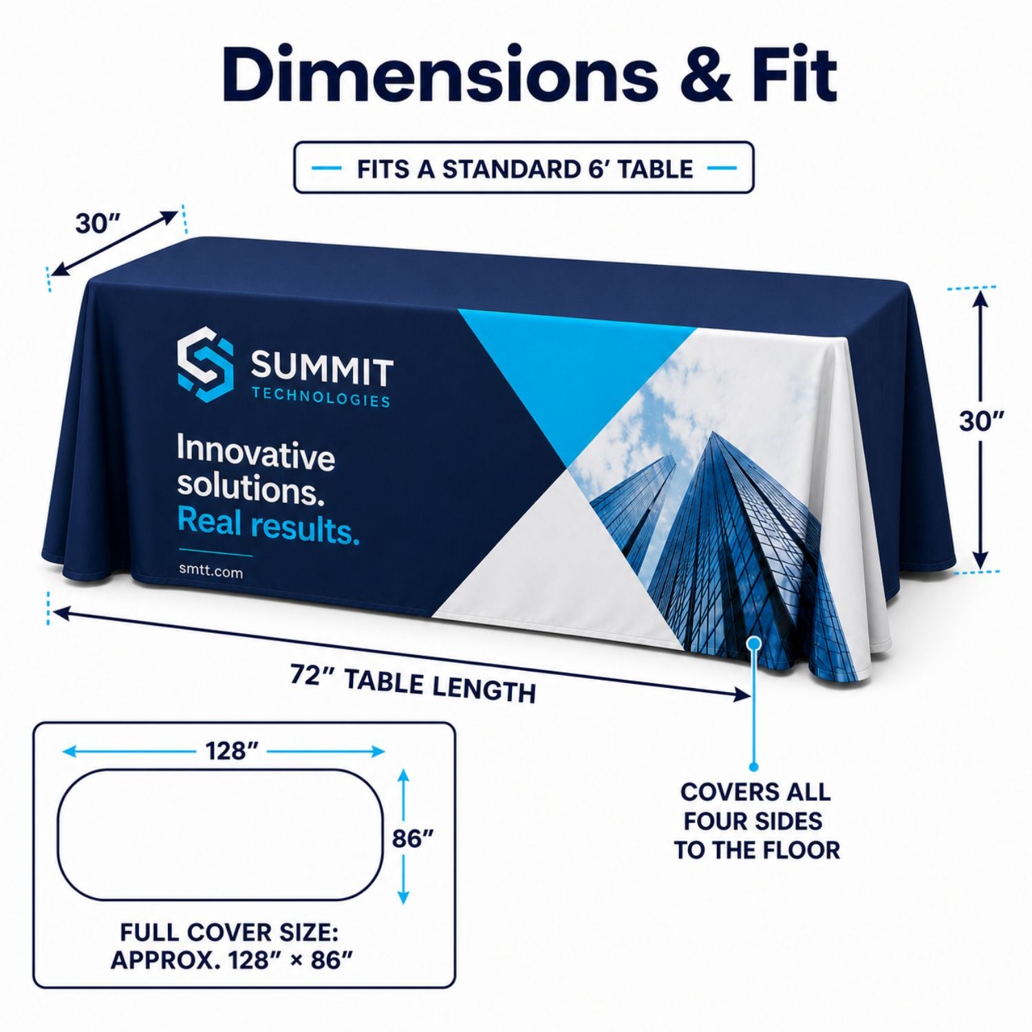 Sublimated Table Cloth for 6' table, Drape style, 4 sided, Closed Back