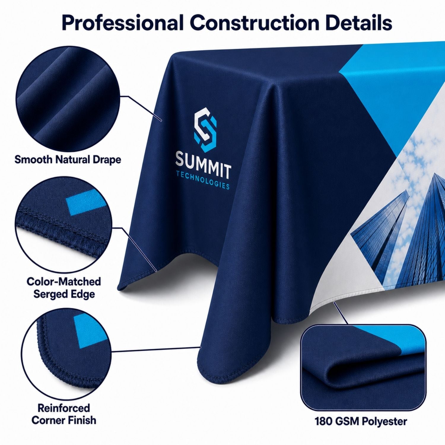Sublimated Table Cloth for 6' table, Drape style, 4 sided, Closed Back