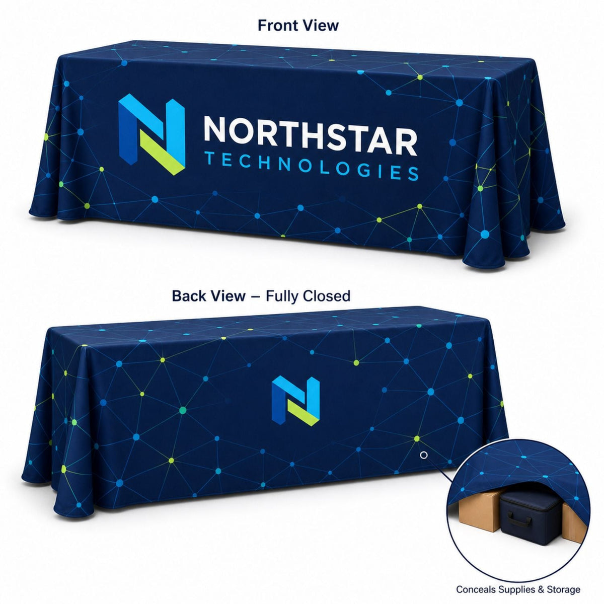 Sublimated Table Cloth for 8' table, Drape style, 4 sided, Closed Back
