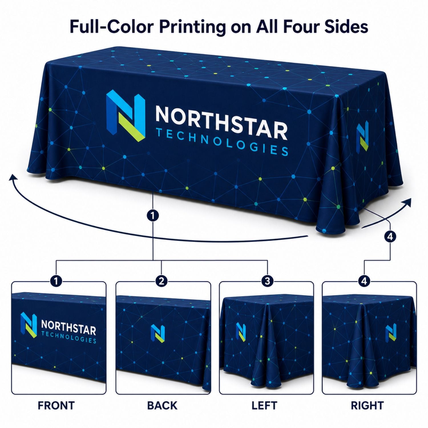 Sublimated Table Cloth for 8' table, Drape style, 4 sided, Closed Back