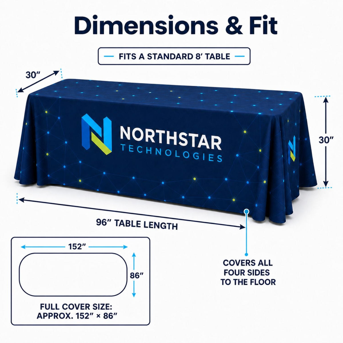 Sublimated Table Cloth for 8' table, Drape style, 4 sided, Closed Back