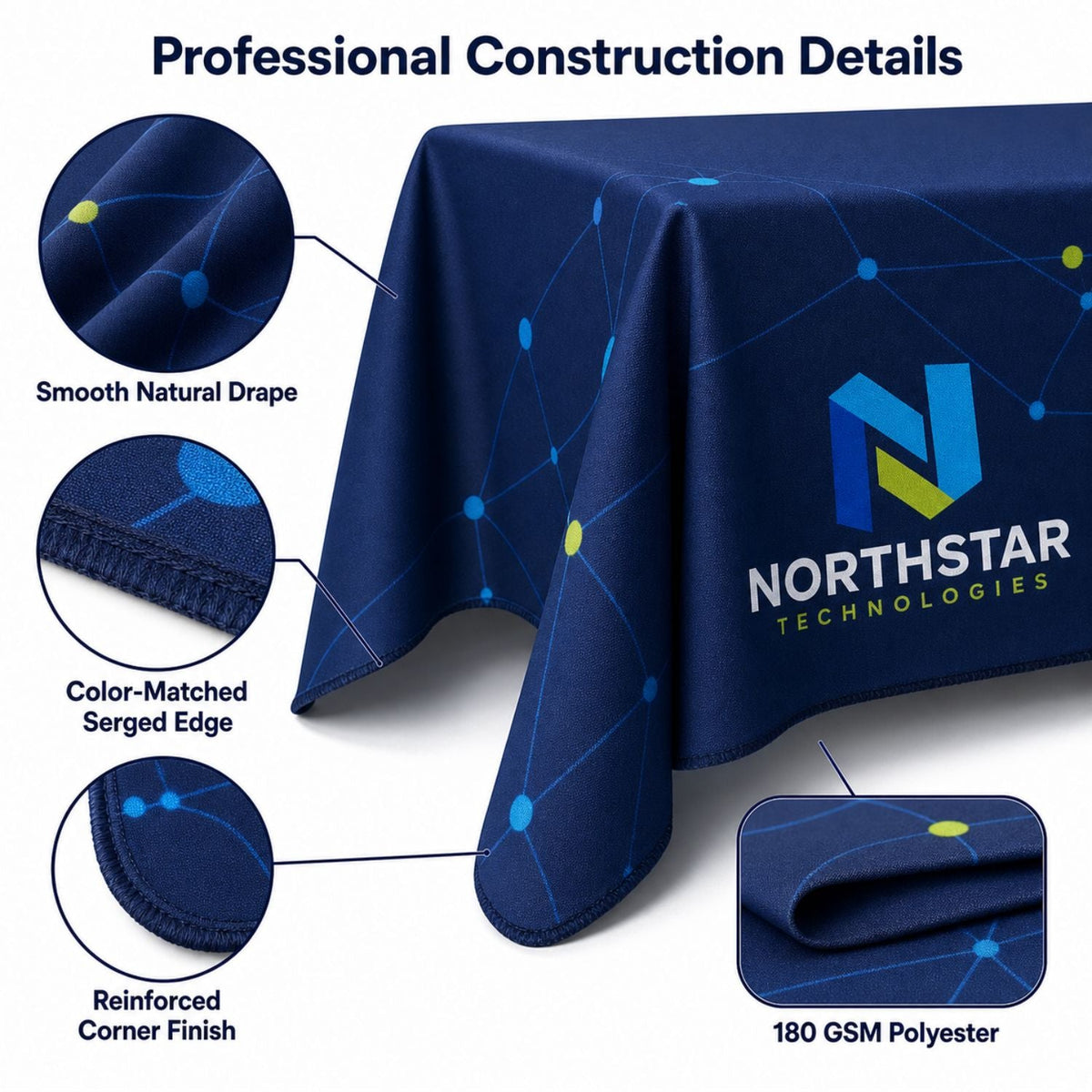 Sublimated Table Cloth for 8' table, Drape style, 4 sided, Closed Back