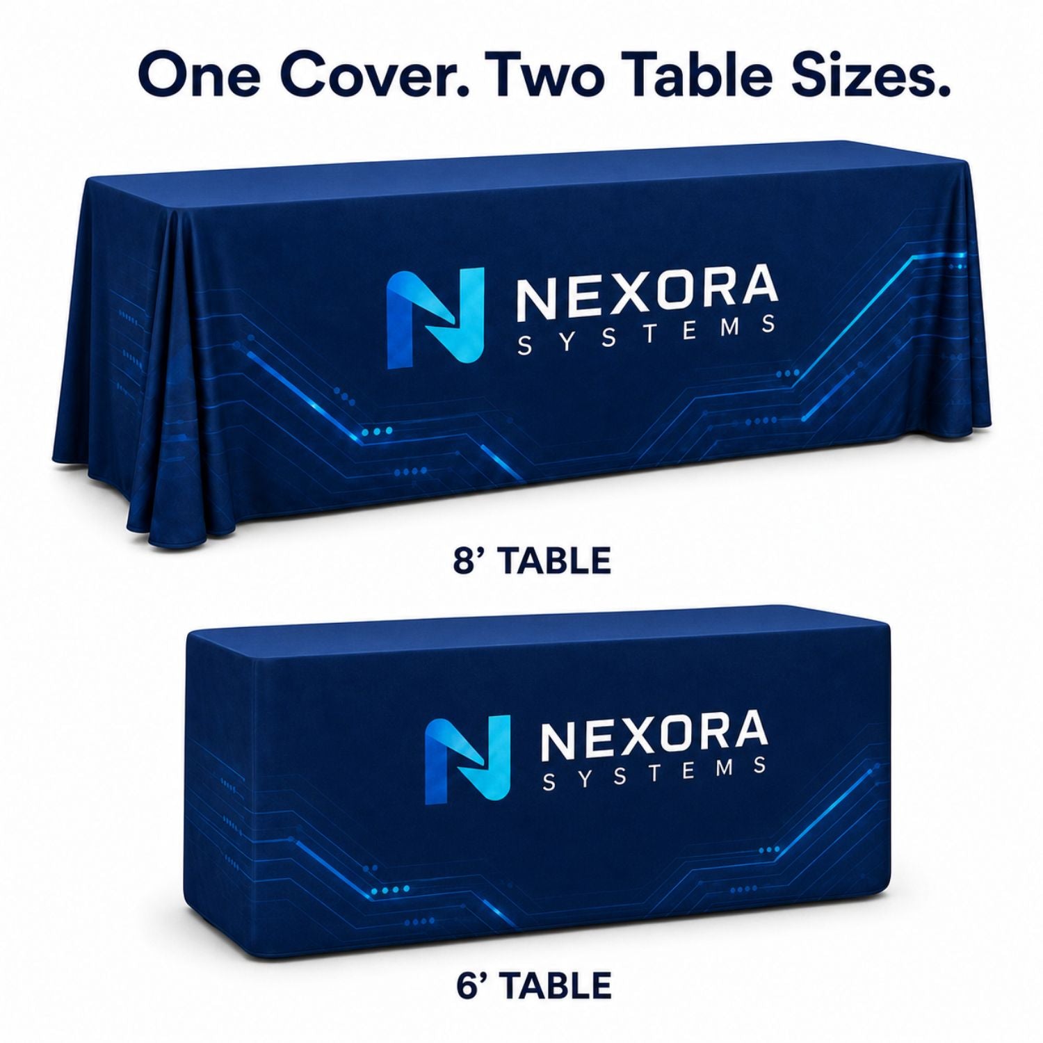 Sublimated Convertible Table Cloth, Converts from 8' to 6', Drape style, 4 sided, Closed back