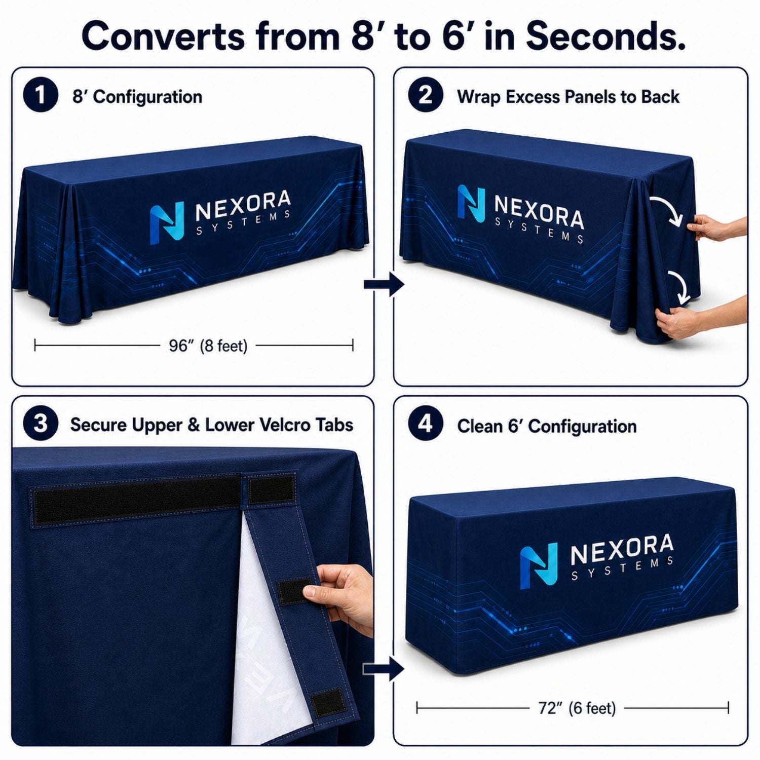 Sublimated Convertible Table Cloth, Converts from 8' to 6', Drape style, 4 sided, Closed back