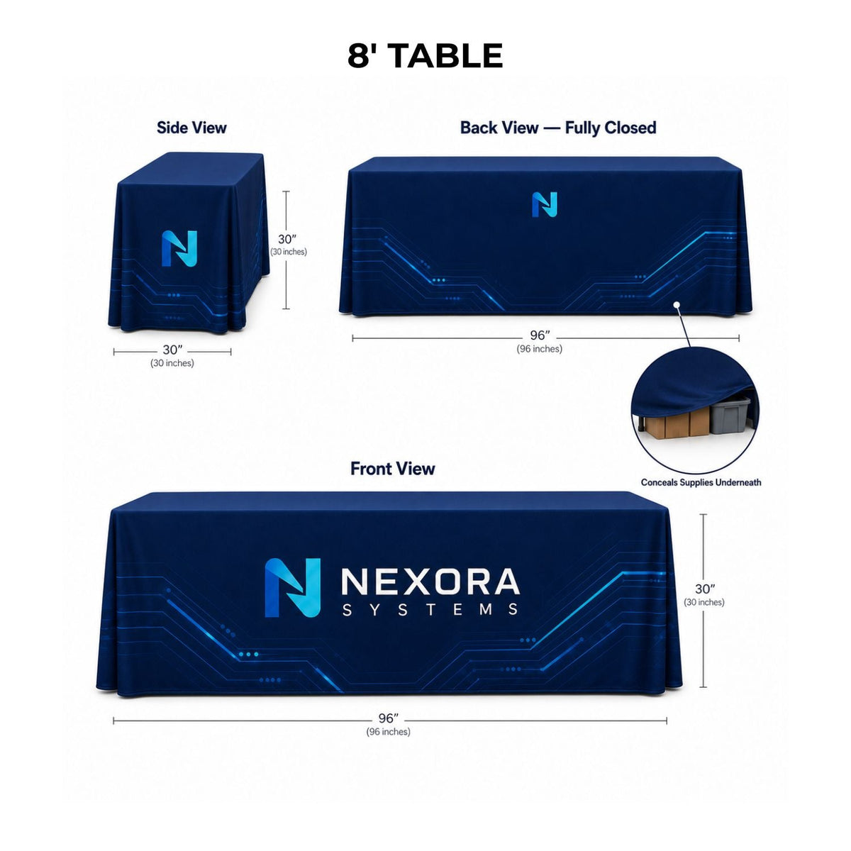 Sublimated Convertible Table Cloth, Converts from 8' to 6', Drape style, 4 sided, Closed back