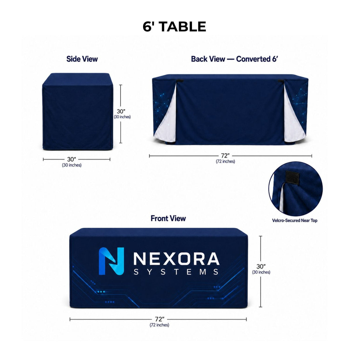 Sublimated Convertible Table Cloth, Converts from 8' to 6', Drape style, 4 sided, Closed back