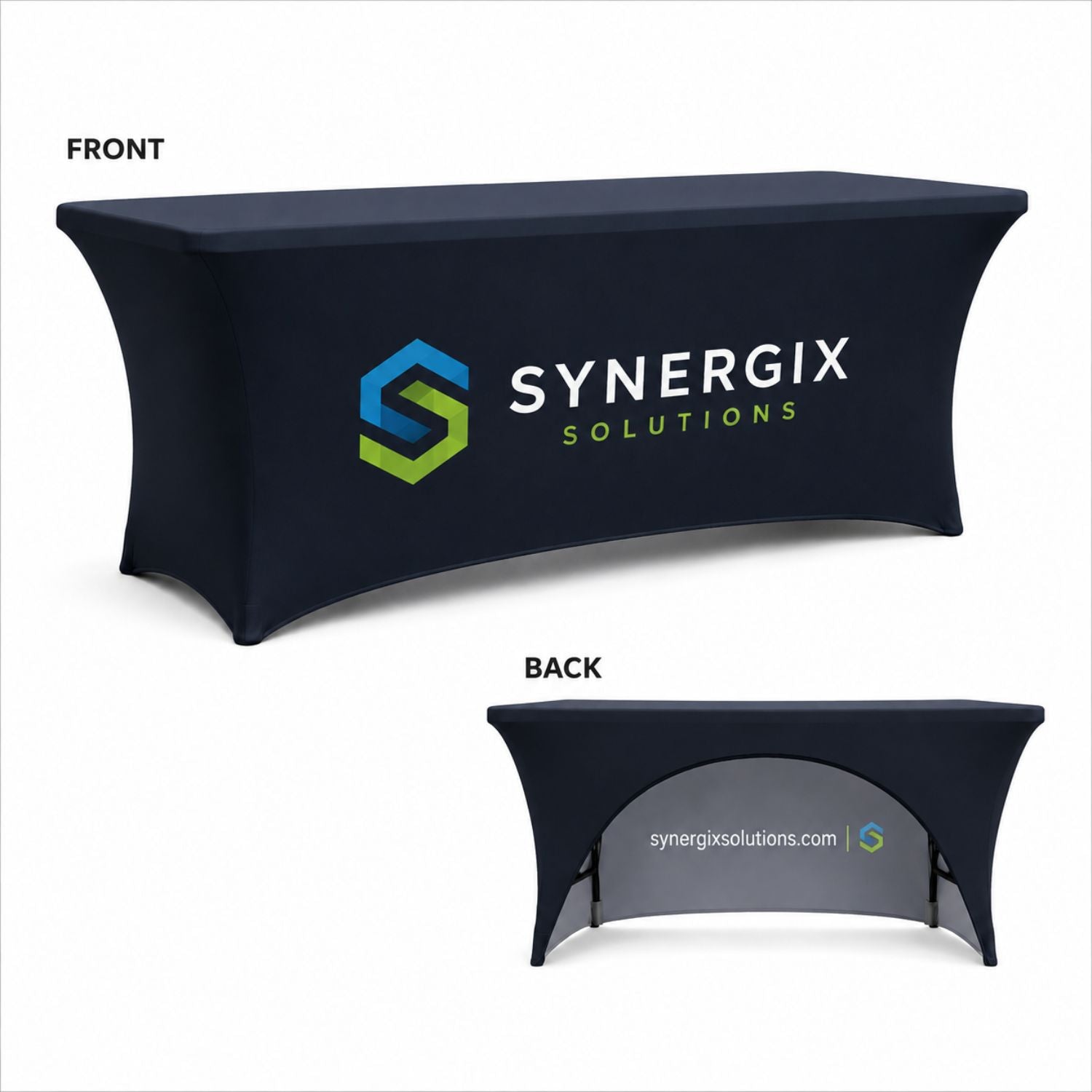 Sublimated Stretch Curved Fit Table Throw for 6ft table, 3 sided, Open Back