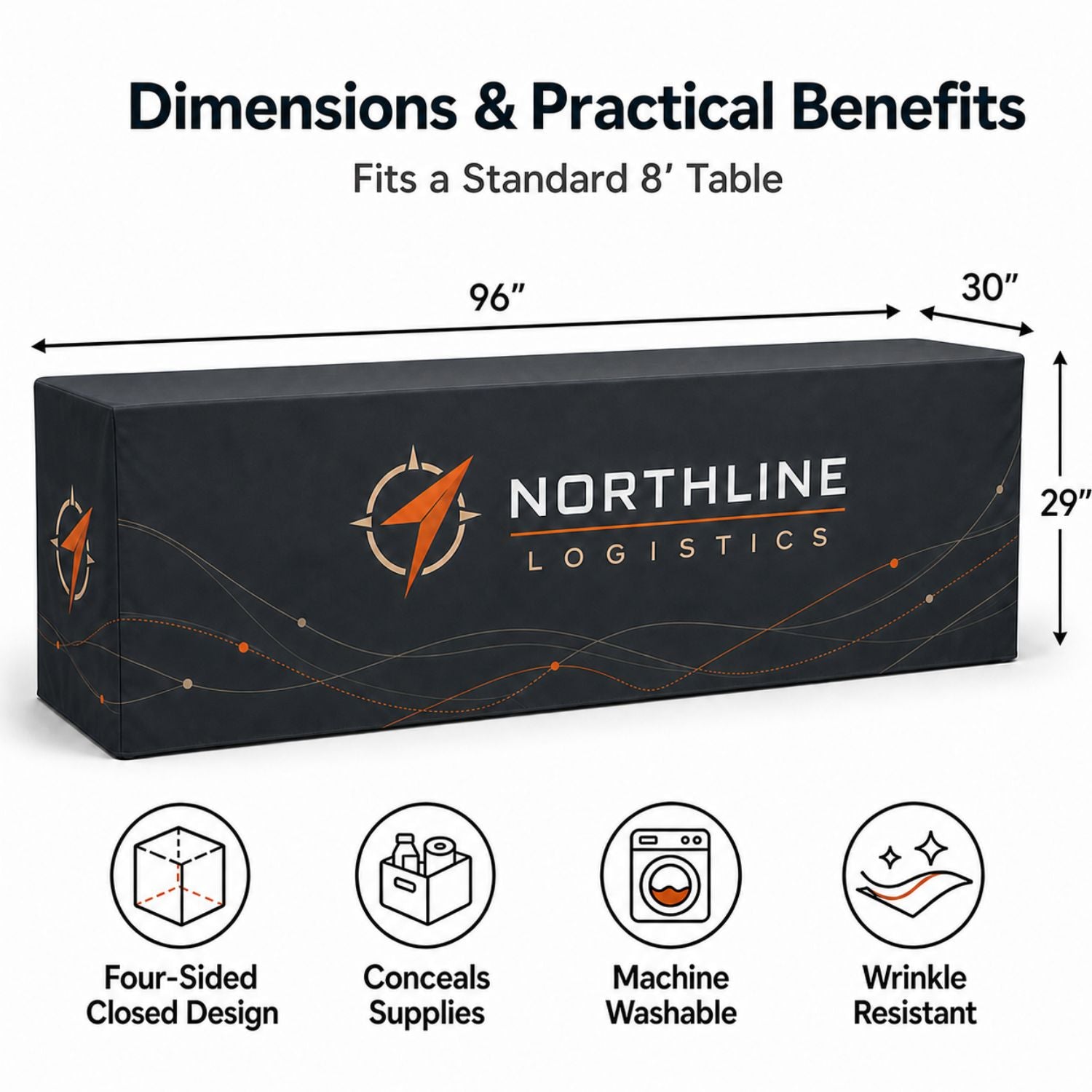 Sublimated Box Style Fitted Tablecloth for 8' Table, 4 sided, Closed back