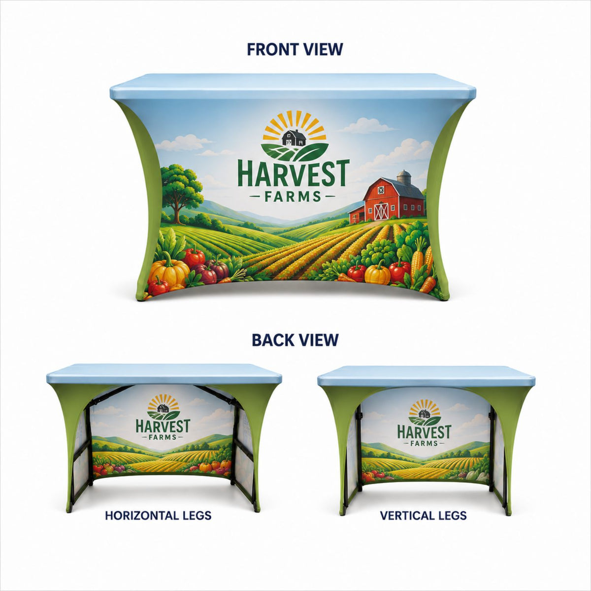 Sublimated Stretch Curved Fit Table Throw for 4ft Demo, Sampling Table, 3 sided, Open Back