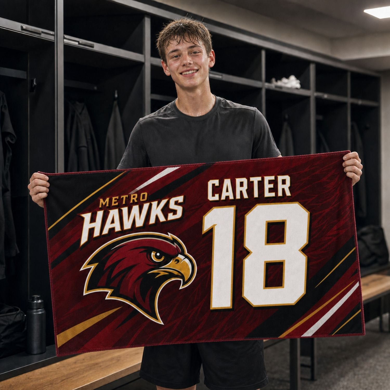 Team Towel in Plush and Soft Velour Terry Cotton Blend, 24x48, Sublimated Bench, Shower Towel