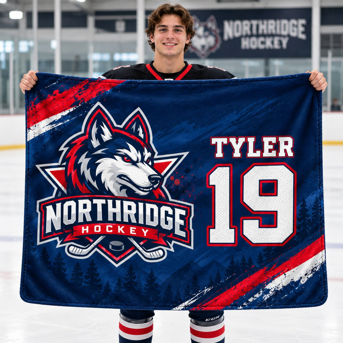 Team Blanket in Plush Sherpa Faux Wool Lined Micro Mink, 50x60, Couch size, Sublimated edge to edge