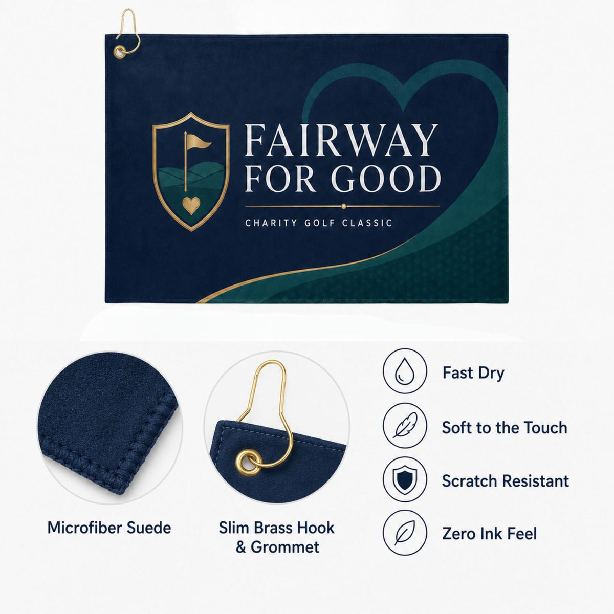 Microfiber Suede Shammy Golf Towel, 12x18, Nofold Grommet and Hook, Sublimated Edge to Edge 1 side
