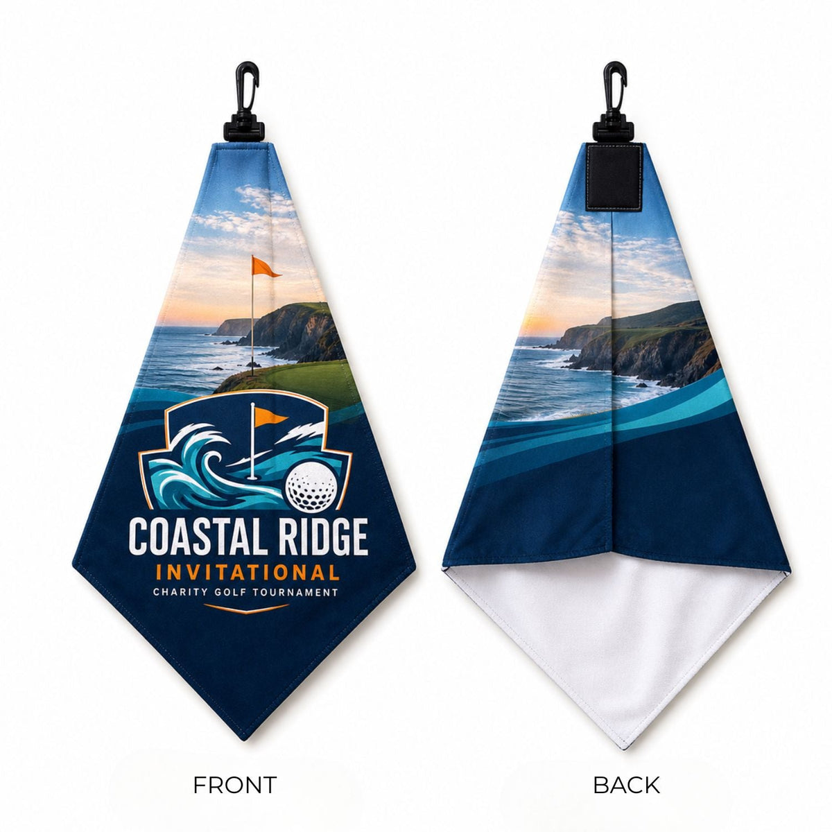 Microfiber Suede Shammy Golf Towel, Triangle Shape, 11x17, Folded with Black Swivel Hook, Sublimated