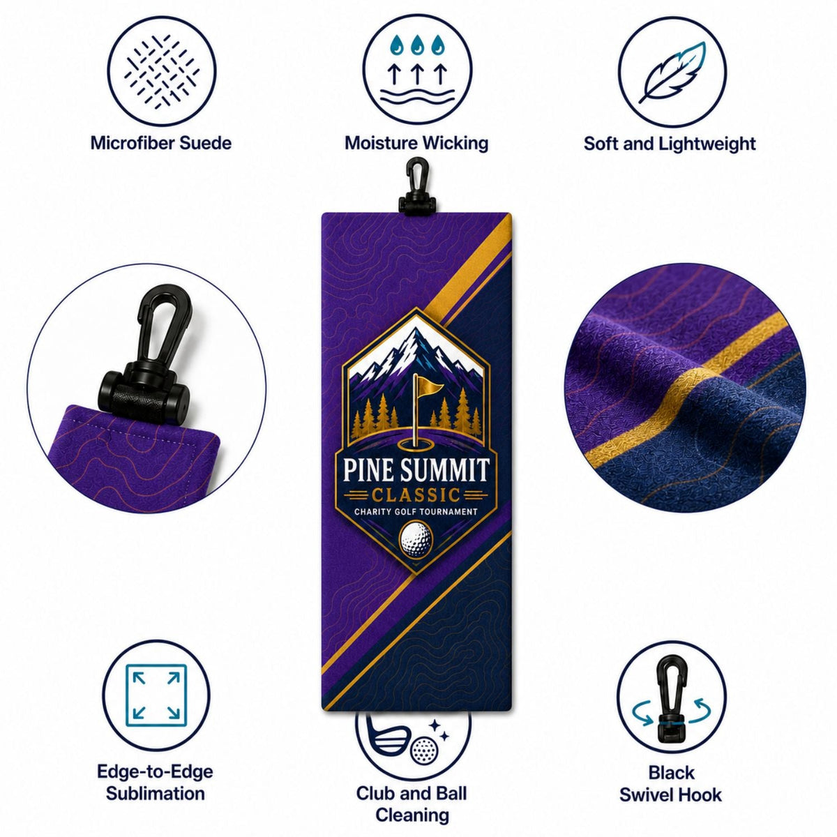 Microfiber Suede Shammy Golf Towel, Finished size 6x15, Trifold with Black Swivel Hook, Sublimated