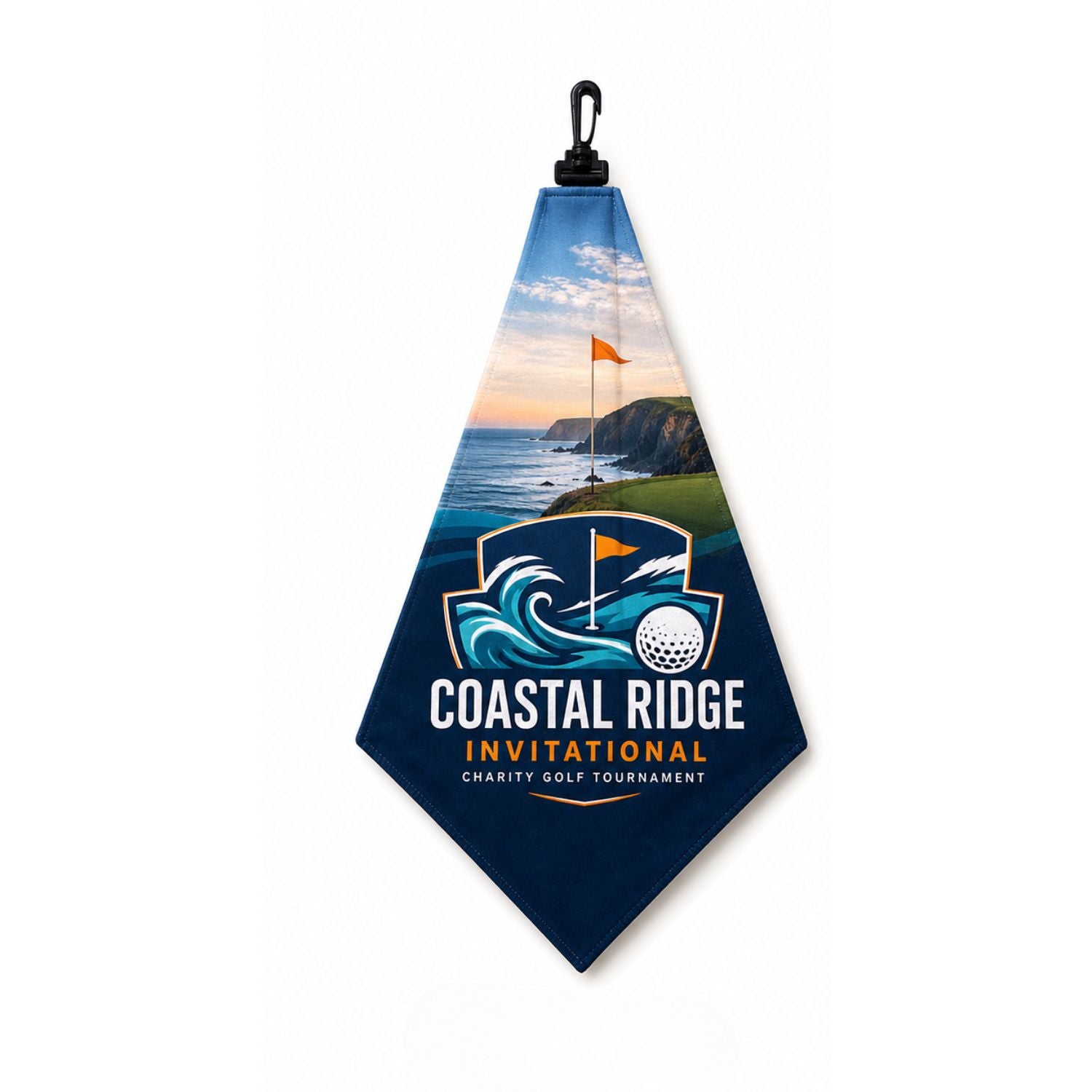 Microfiber Suede Shammy Golf Towel, Triangle Shape, 11x17, Folded with Black Swivel Hook, Sublimated