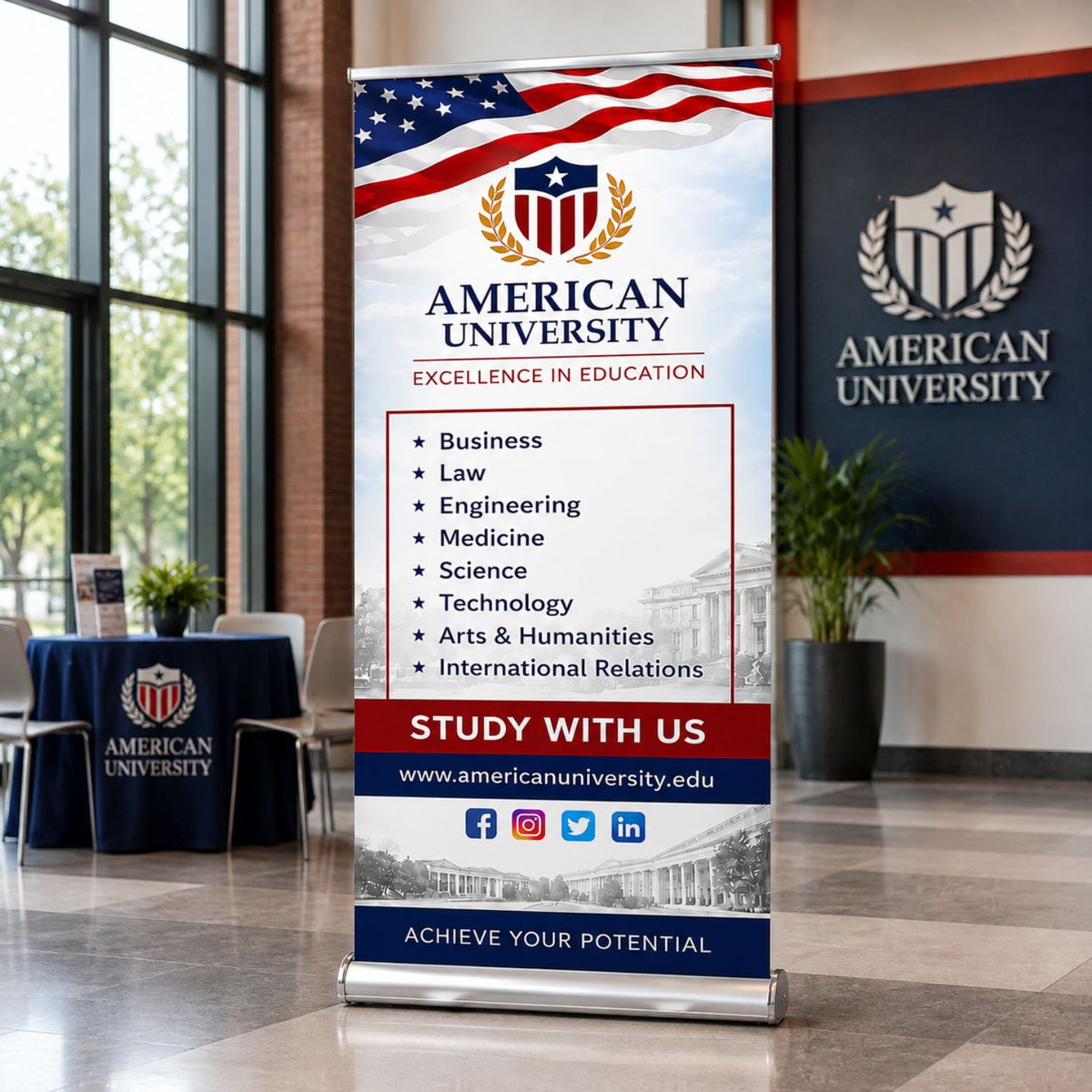 Sublimated Deluxe Retractable Pull Up Banner, Superior Block Out Fabric, 33.5x79, Wide Base