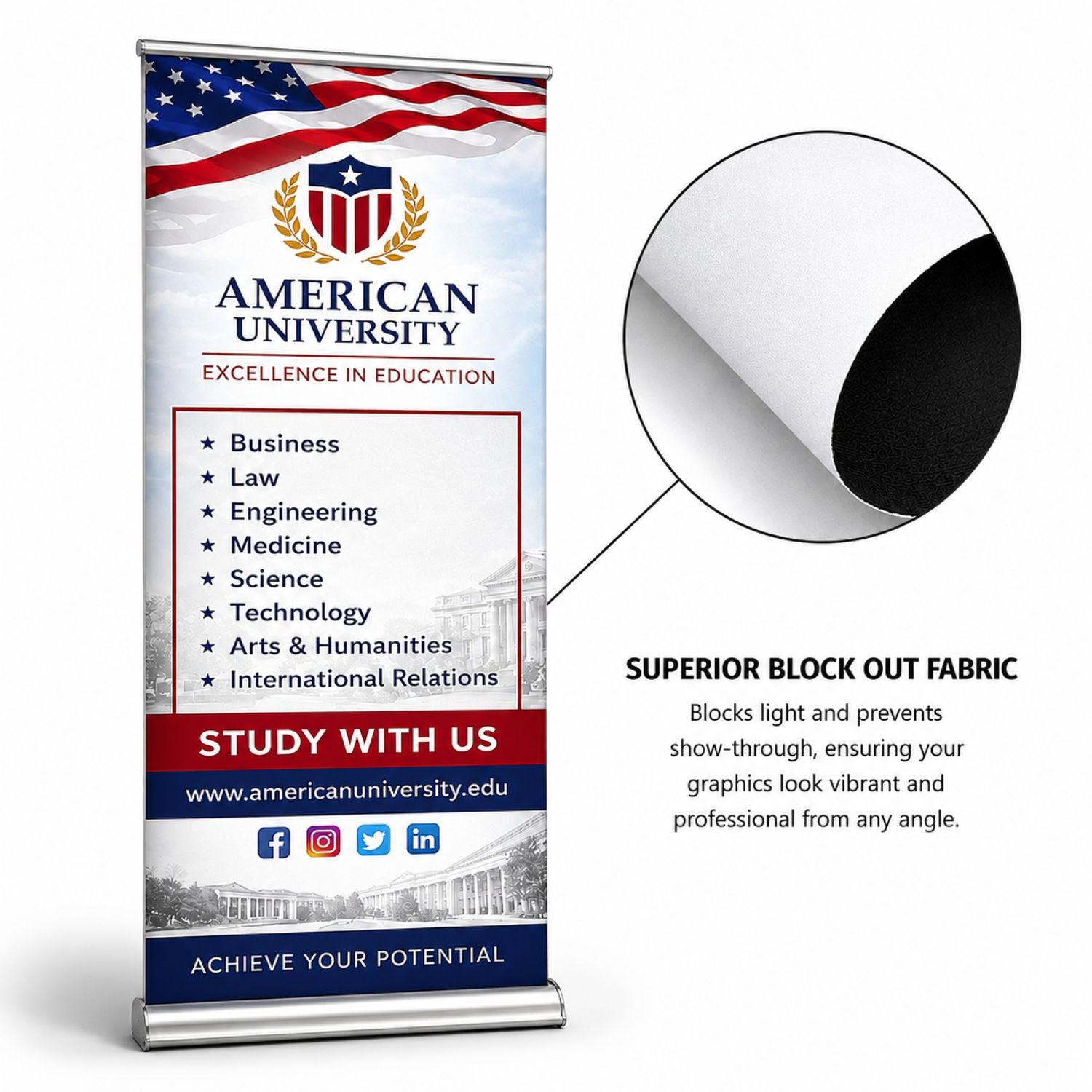 Sublimated Deluxe Retractable Pull Up Banner, Superior Block Out Fabric, 33.5x79, Wide Base