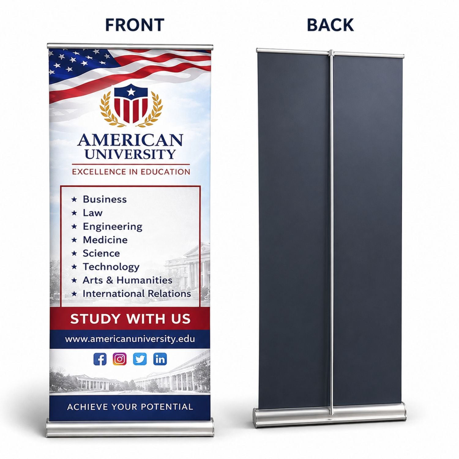Sublimated Deluxe Retractable Pull Up Banner, Superior Block Out Fabric, 33.5x79, Wide Base
