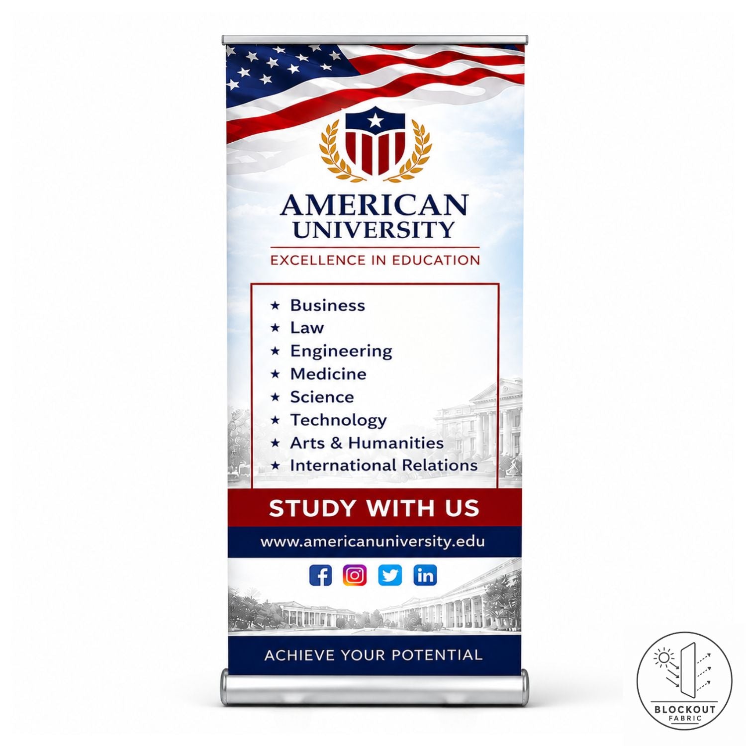 Sublimated Deluxe Retractable Pull Up Banner, Superior Block Out Fabric, 33.5x79, Wide Base