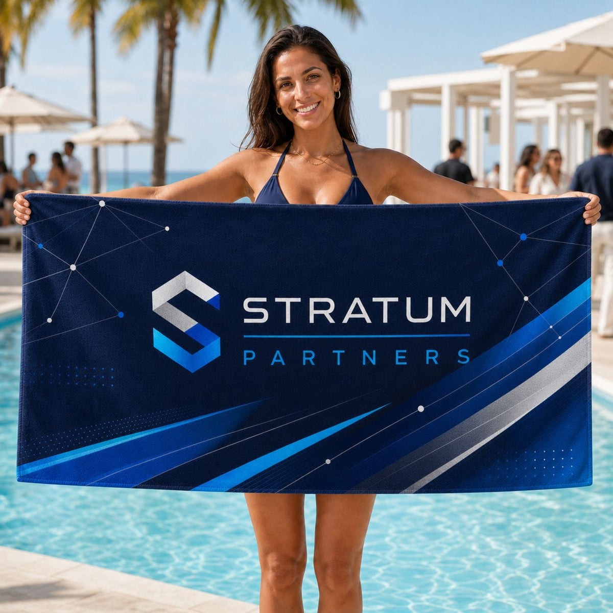 Heavier Weight, Plush Velour Terry Cotton Blend Beach Towel, 30x60, Sublimated Logo Edge to Edge