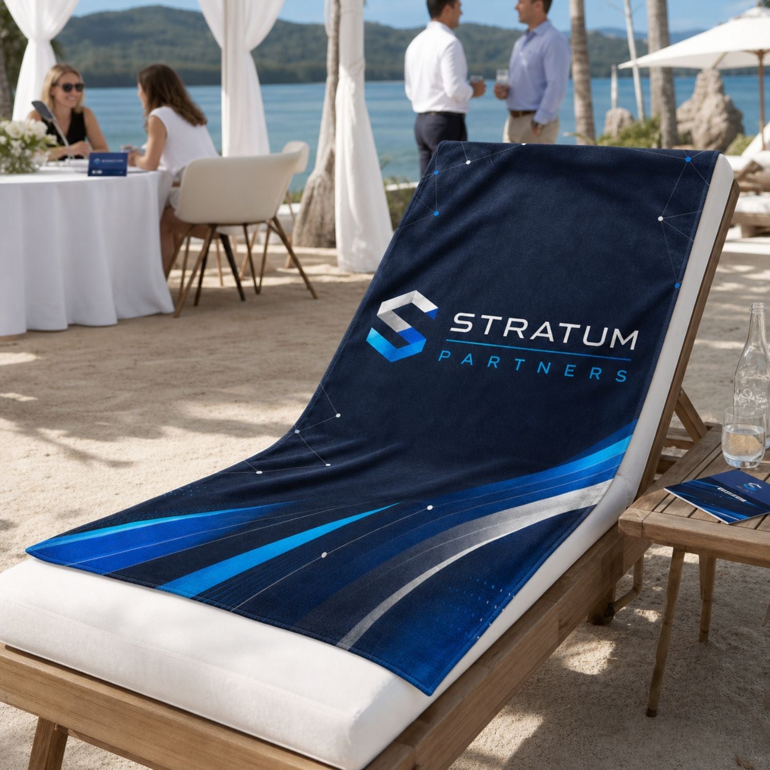 Heavier Weight, Plush Velour Terry Cotton Blend Beach Towel, 30x60, Sublimated Logo Edge to Edge