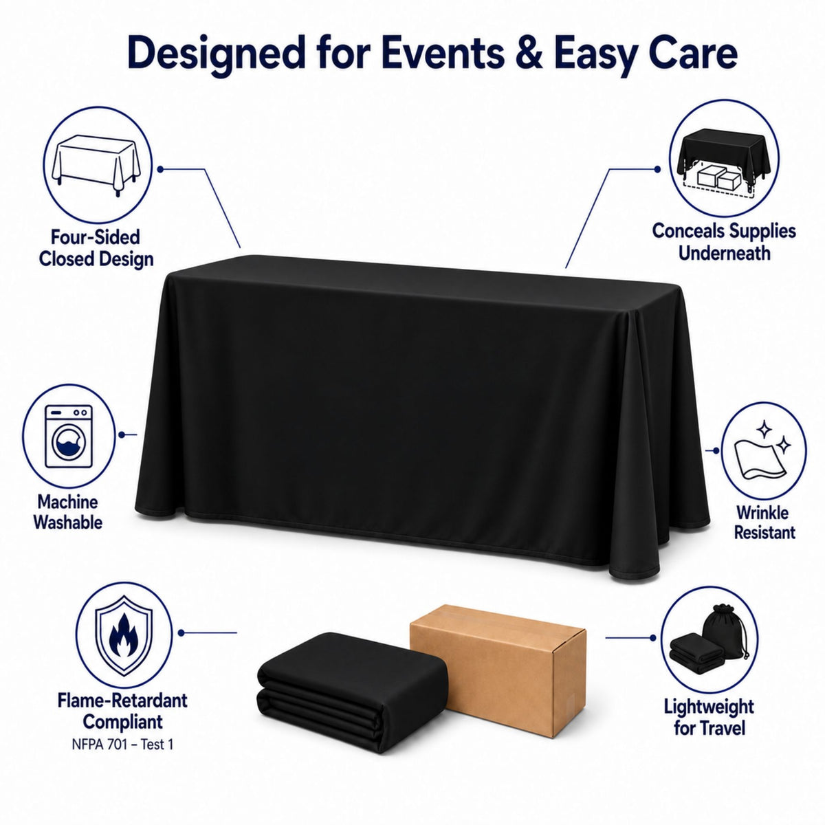 Polycotton Twill Table Throw for 6′ Table – Drape Style, 4-Sided, Closed Back, Blank Only