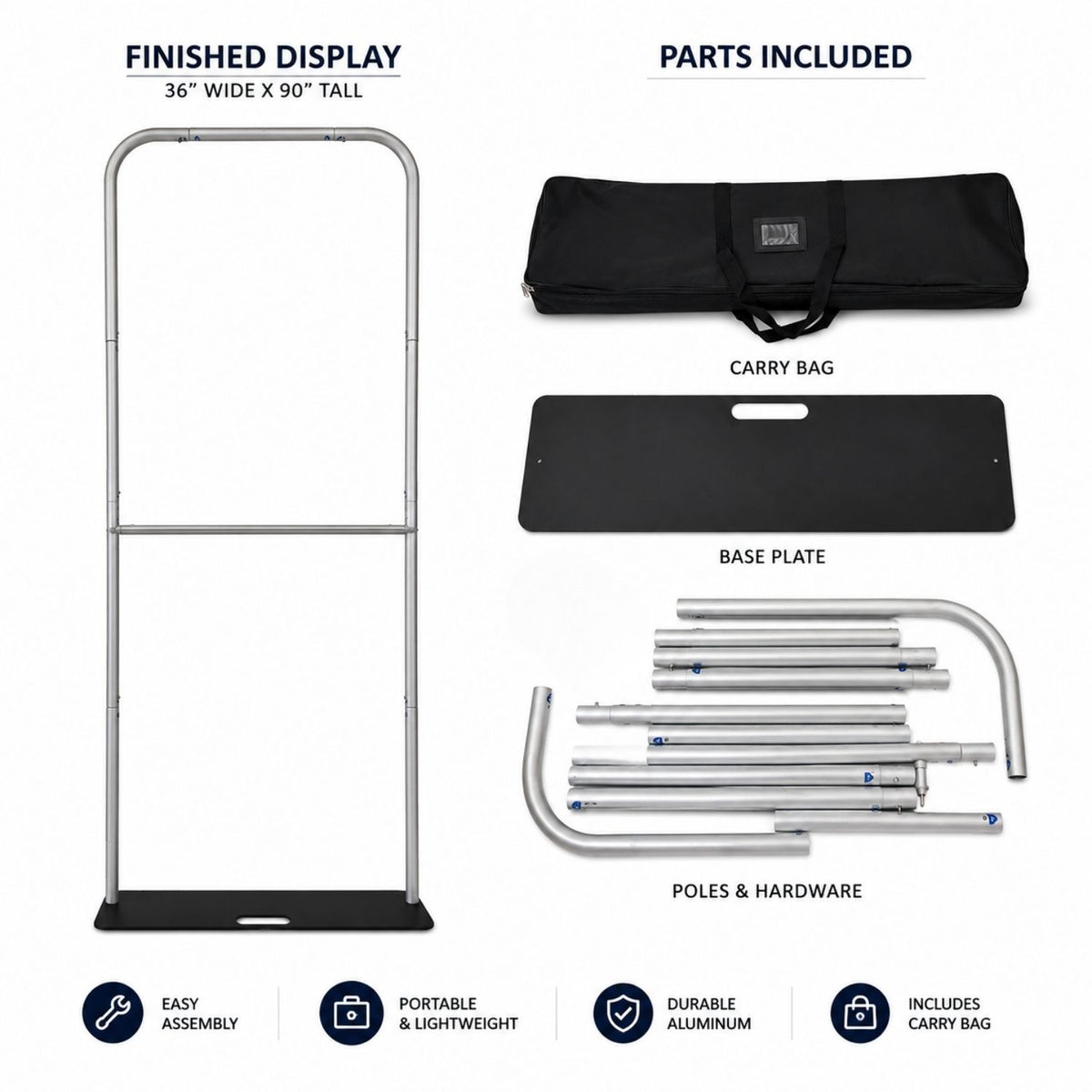 3'W x 90"H EuroFit Banner Hardware Only, Frame with Steel Base and Carry Case, Graphics not included