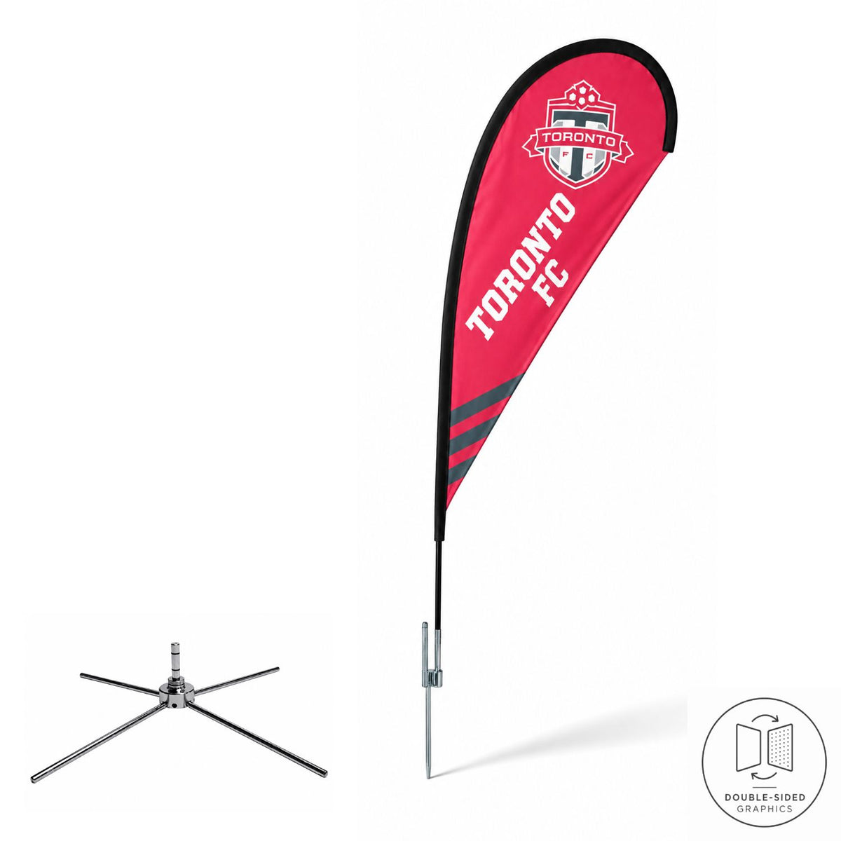 7.5' X-Small Tear Drop Flag Kit, Full Color Graphics 2 Sided, Outdoor Spike base, Indoor Cross Base