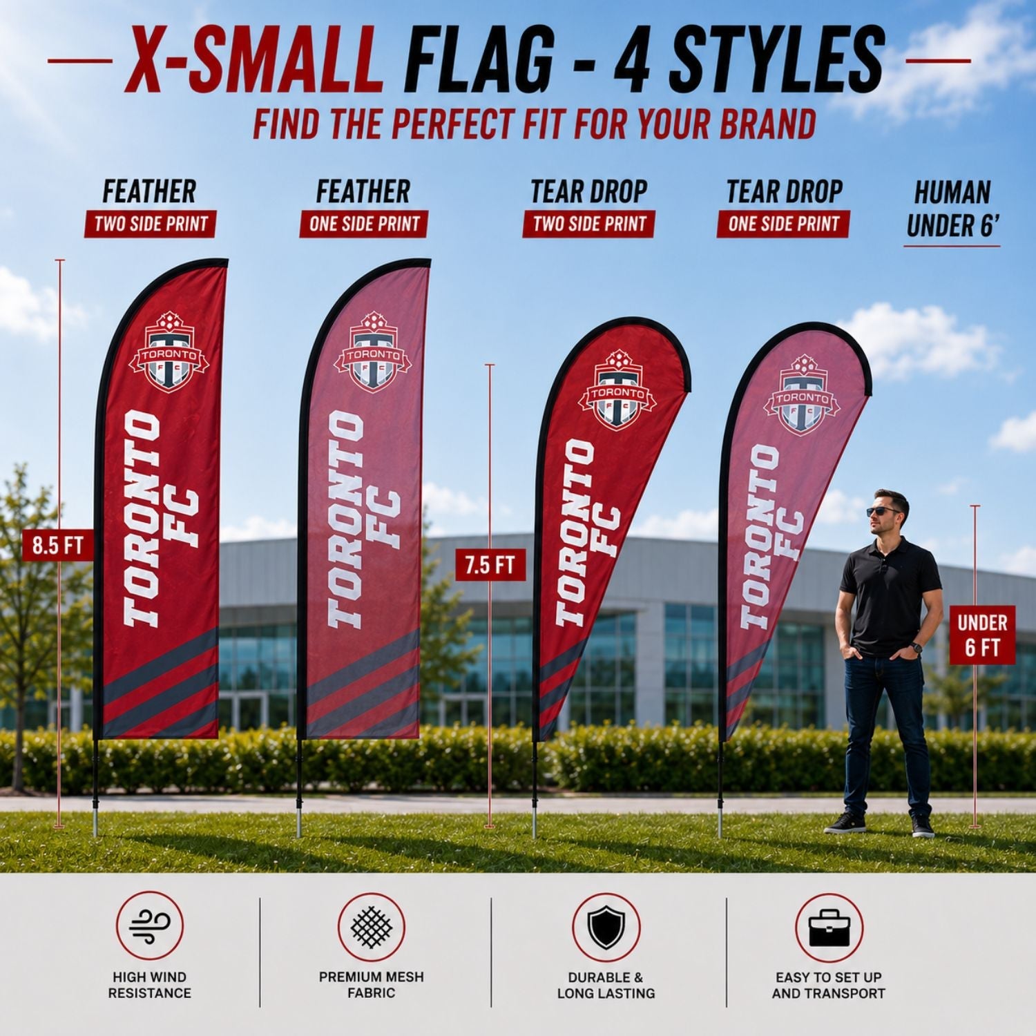 7.5' X-Small Tear Drop Flag Kit, Full Color Graphics Double Sided, Outdoor Spike base & Bag Included