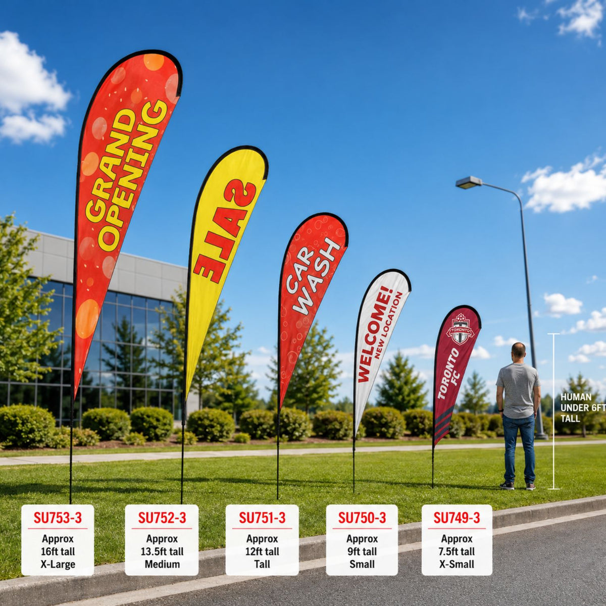 7.5' X-Small Tear Drop Flag Kit, Full Color Graphics 2 Sided, Outdoor Spike base, Indoor Cross Base