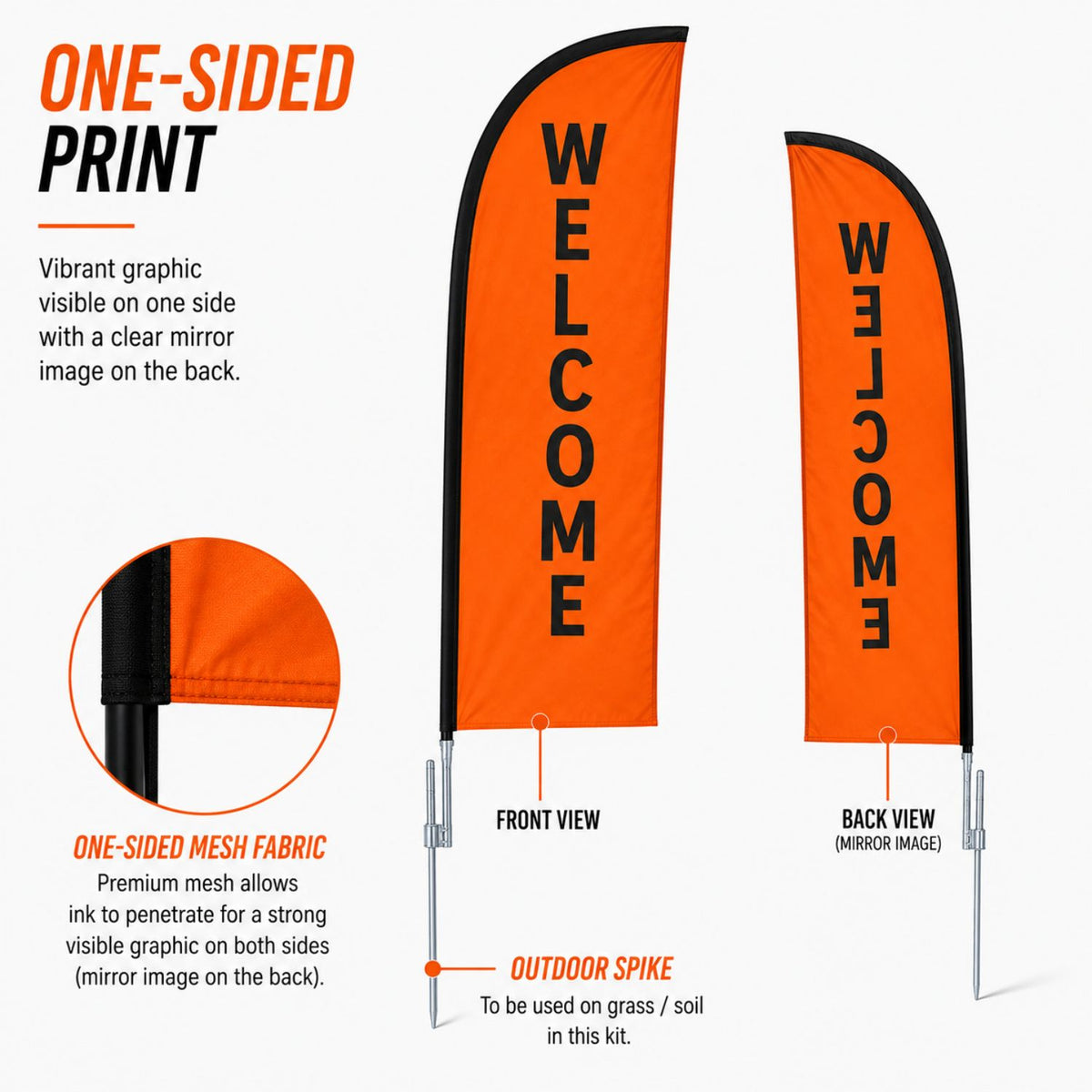 10' Small Feather Flag Kit, Full Color Graphics Single Sided, Outdoor Spike base and Bag Included