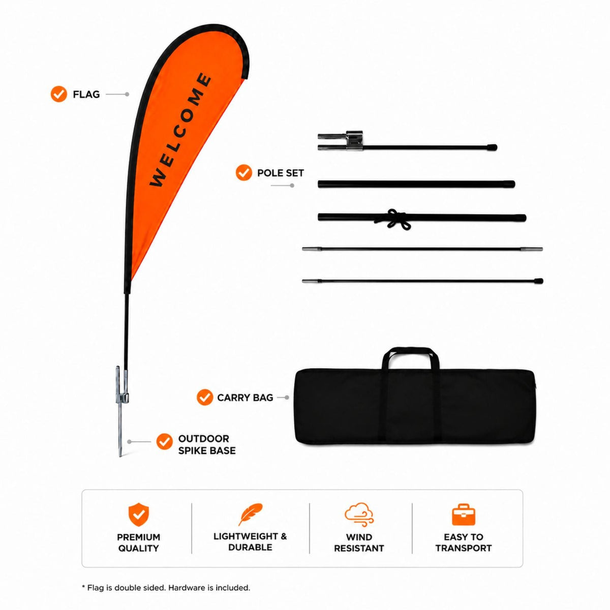 9' Small Tear Drop Flag Kit, Full Color Graphics Double Sided, Outdoor Spike base and Bag Included