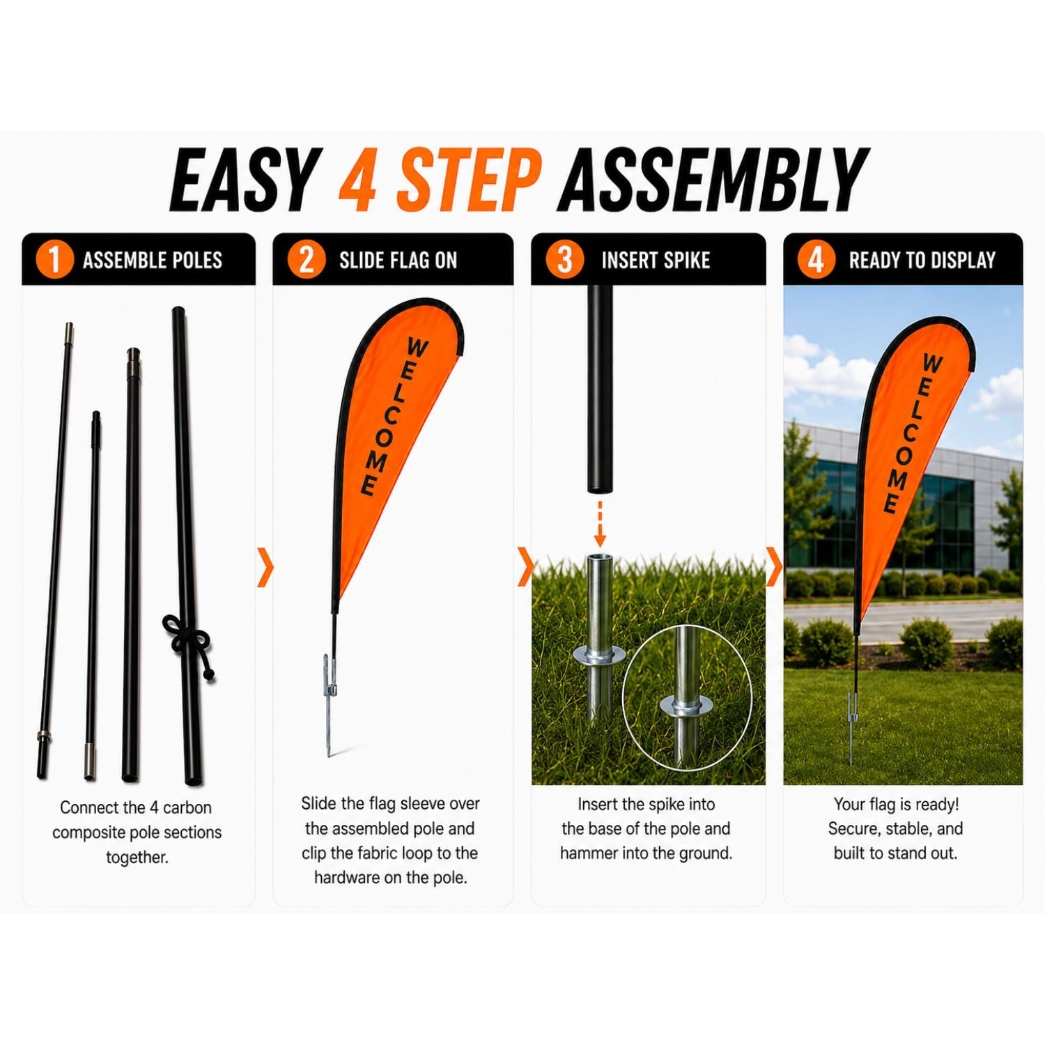 9' Small Tear Drop Flag Kit, Full Color Graphics Double Sided, Outdoor Spike base and Bag Included