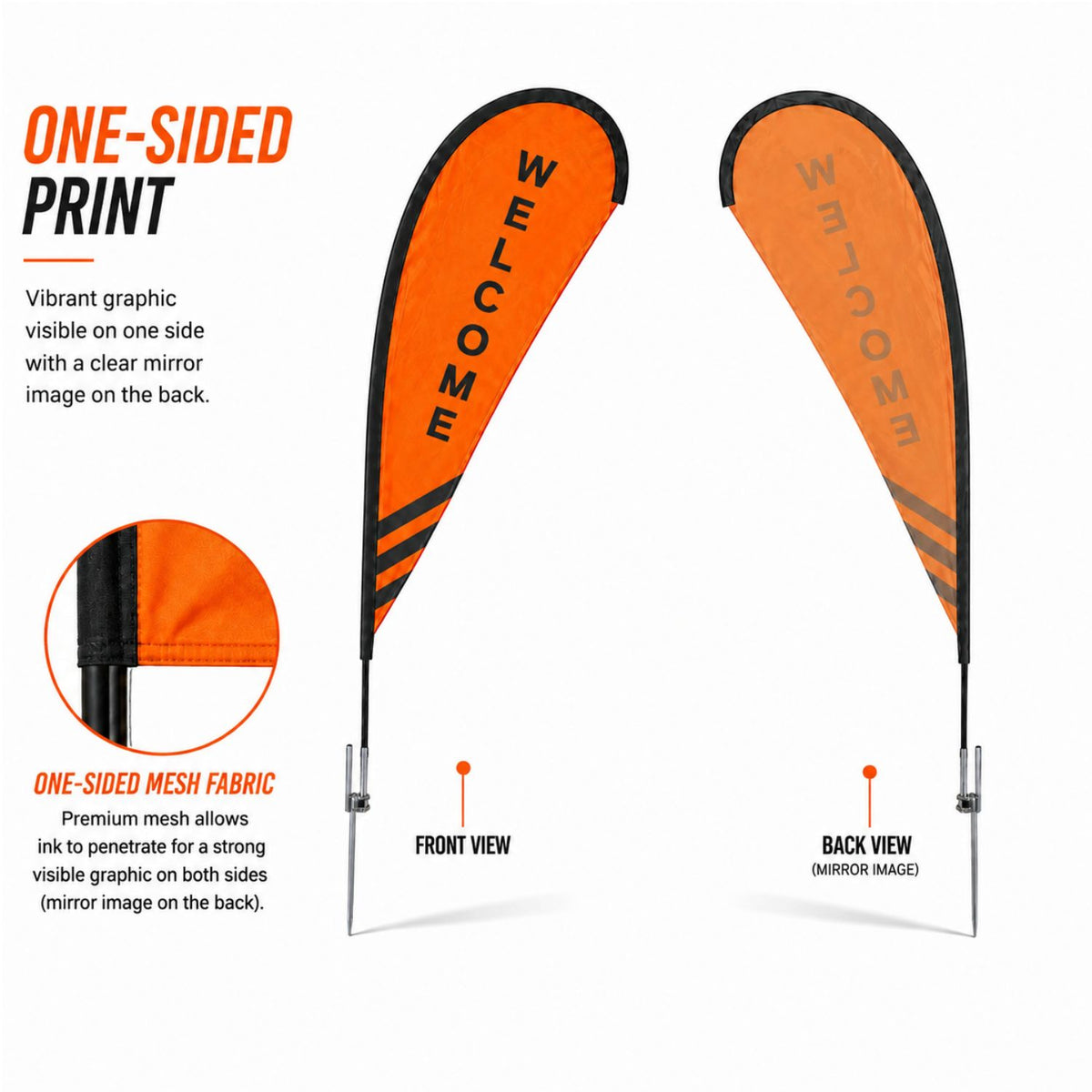 9' Small Tear Drop Flag Kit, Full Color Graphics Single Sided, Outdoor Spike base and Bag Included
