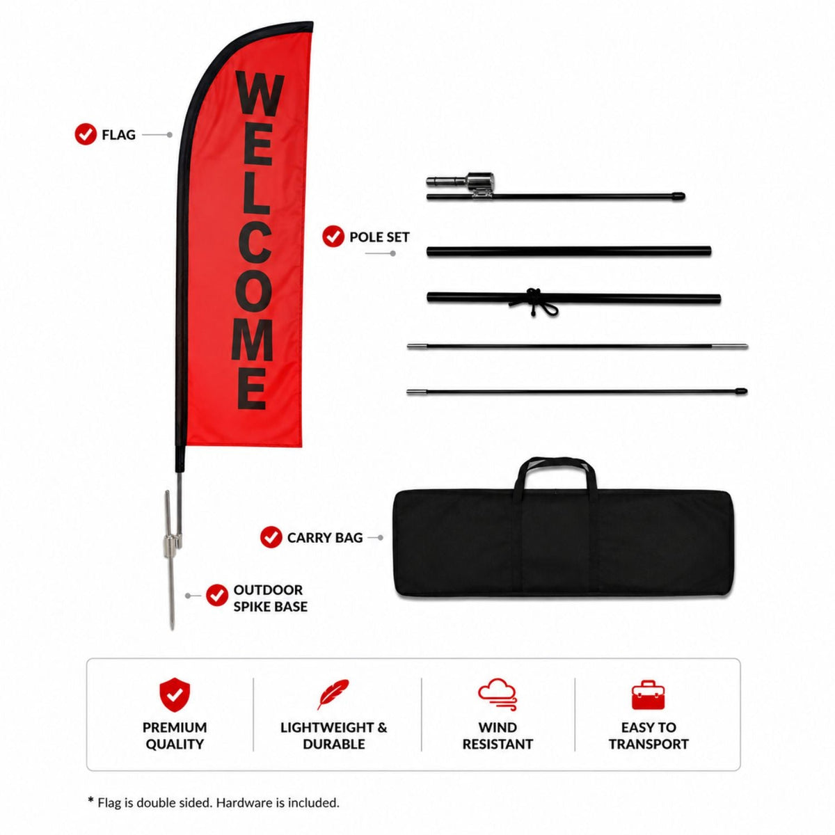 10' Small Feather Flag Kit, Full Color Graphics Double Sided, Outdoor Spike base and Bag Included