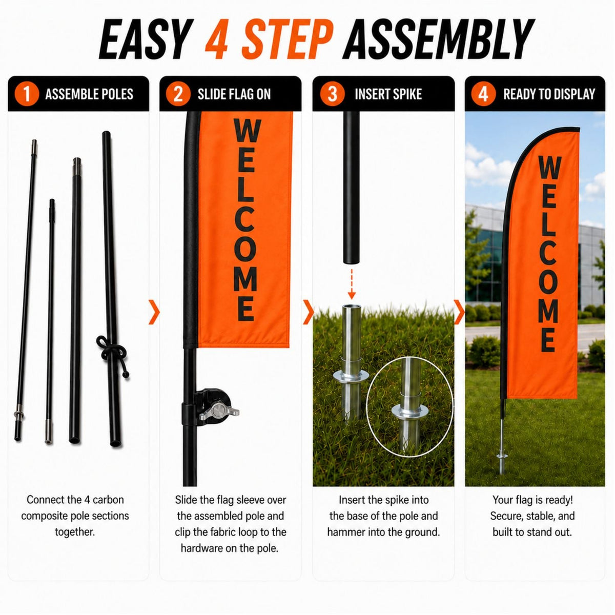 10' Small Feather Flag Kit, Full Color Graphics Double Sided, Outdoor Spike base and Bag Included