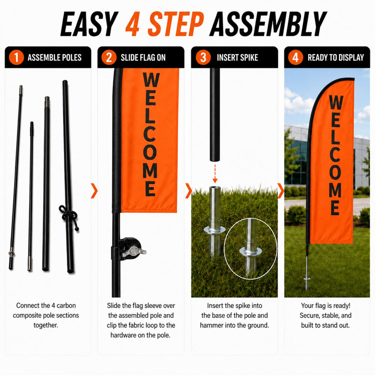 10' Small Feather Flag Kit, Full Color Graphics Single Sided, Outdoor Spike base and Bag Included