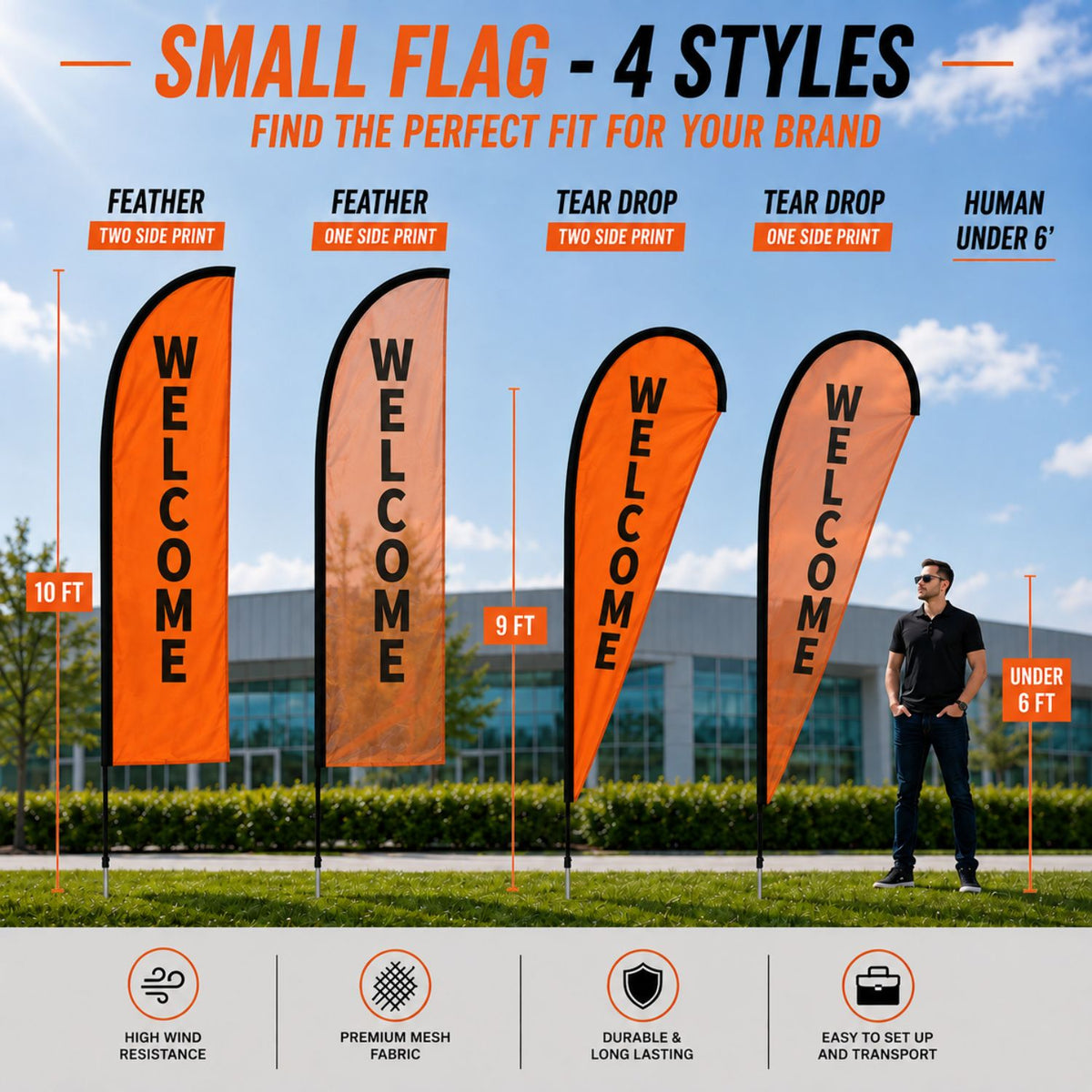 10' Small Feather Flag Kit, Full Color Graphics Double Sided, Outdoor Spike base and Bag Included
