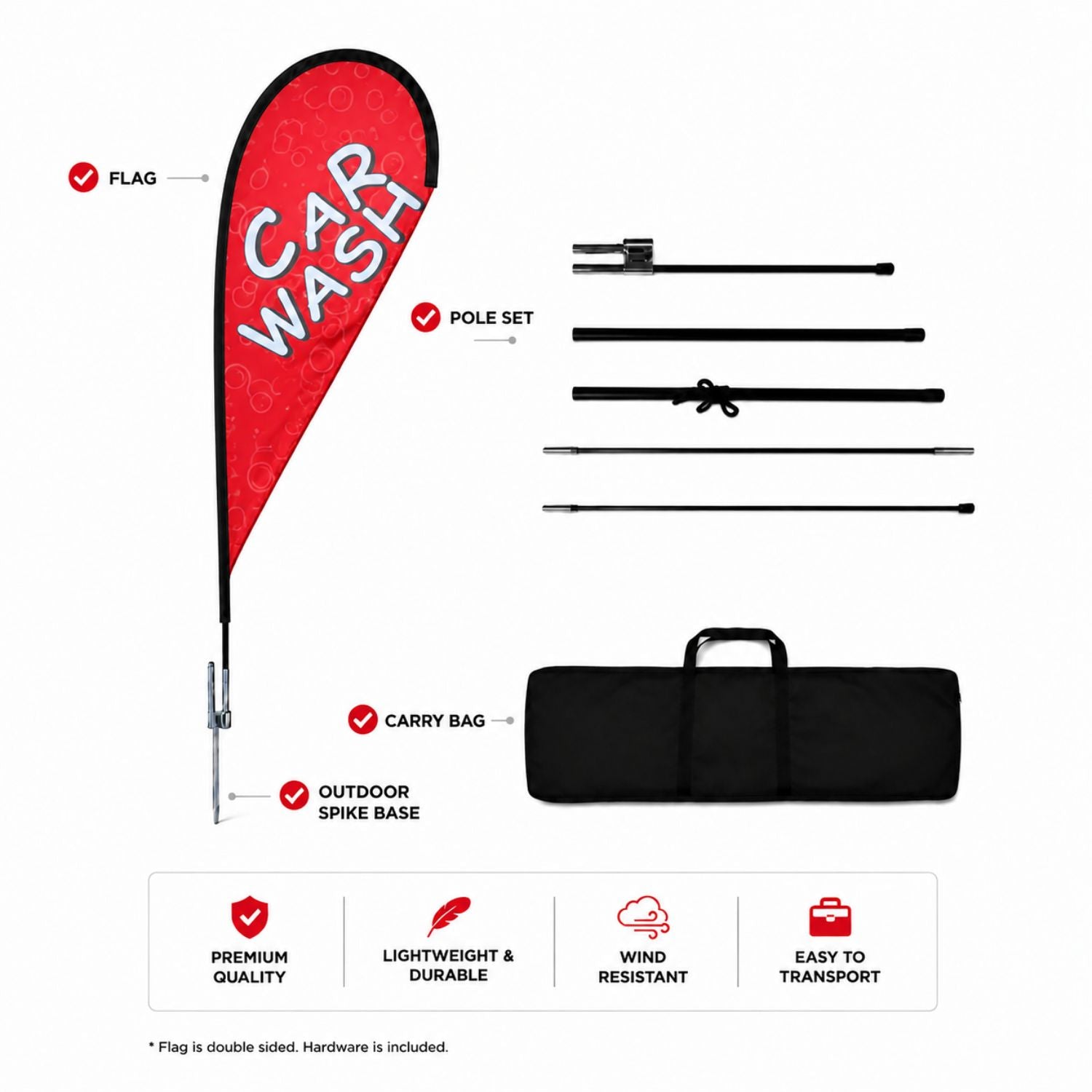 12' Medium Tear Drop Flag Kit, Full Color Graphics Double Sided, Outdoor Spike base and Bag Included