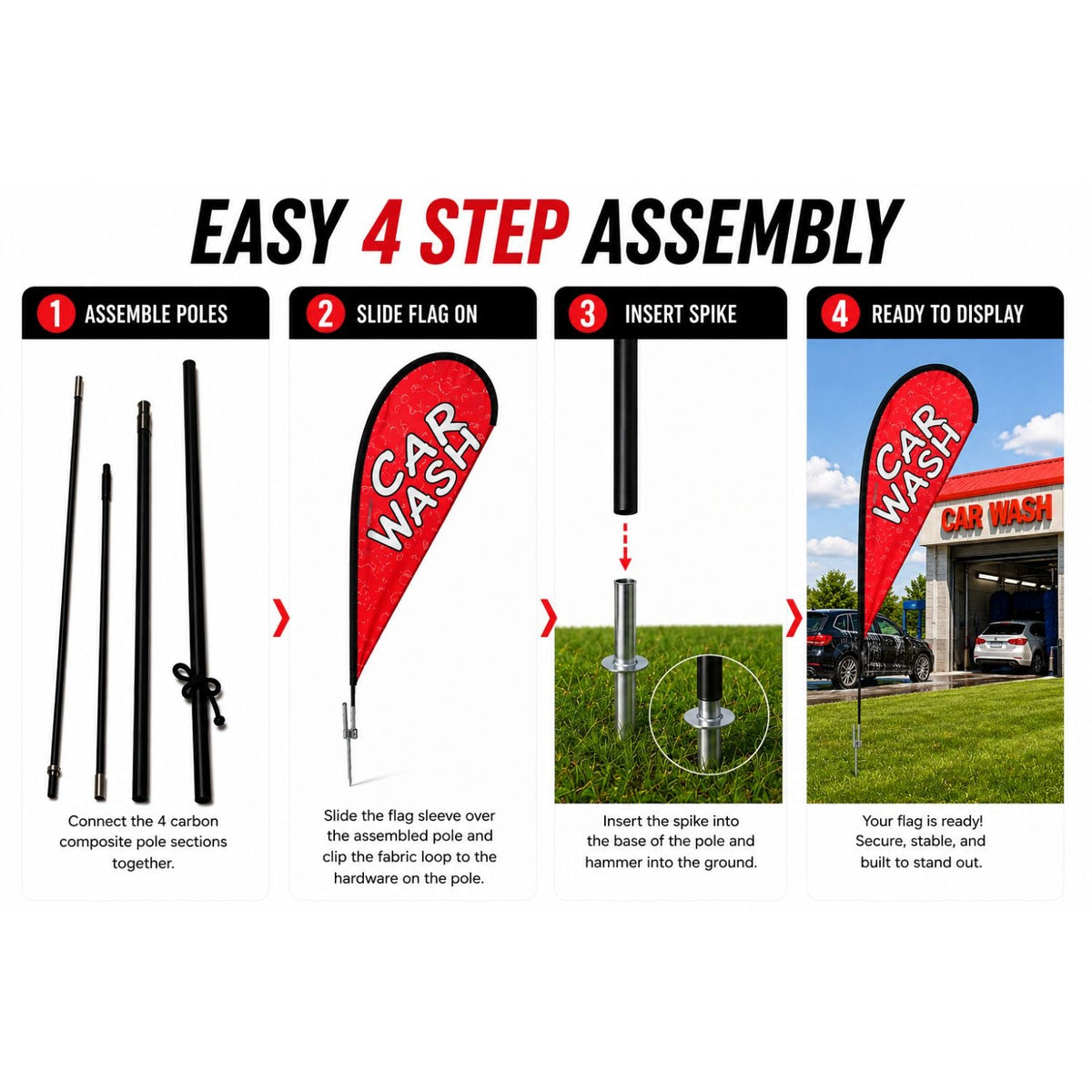 12' Medium Tear Drop Flag Kit, Full Color Graphics Double Sided, Outdoor Spike base and Bag Included