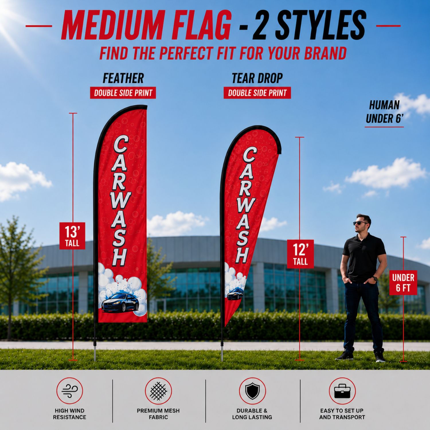 12' Medium Tear Drop Flag Kit, Full Color Graphics Double Sided, Outdoor Spike base and Bag Included